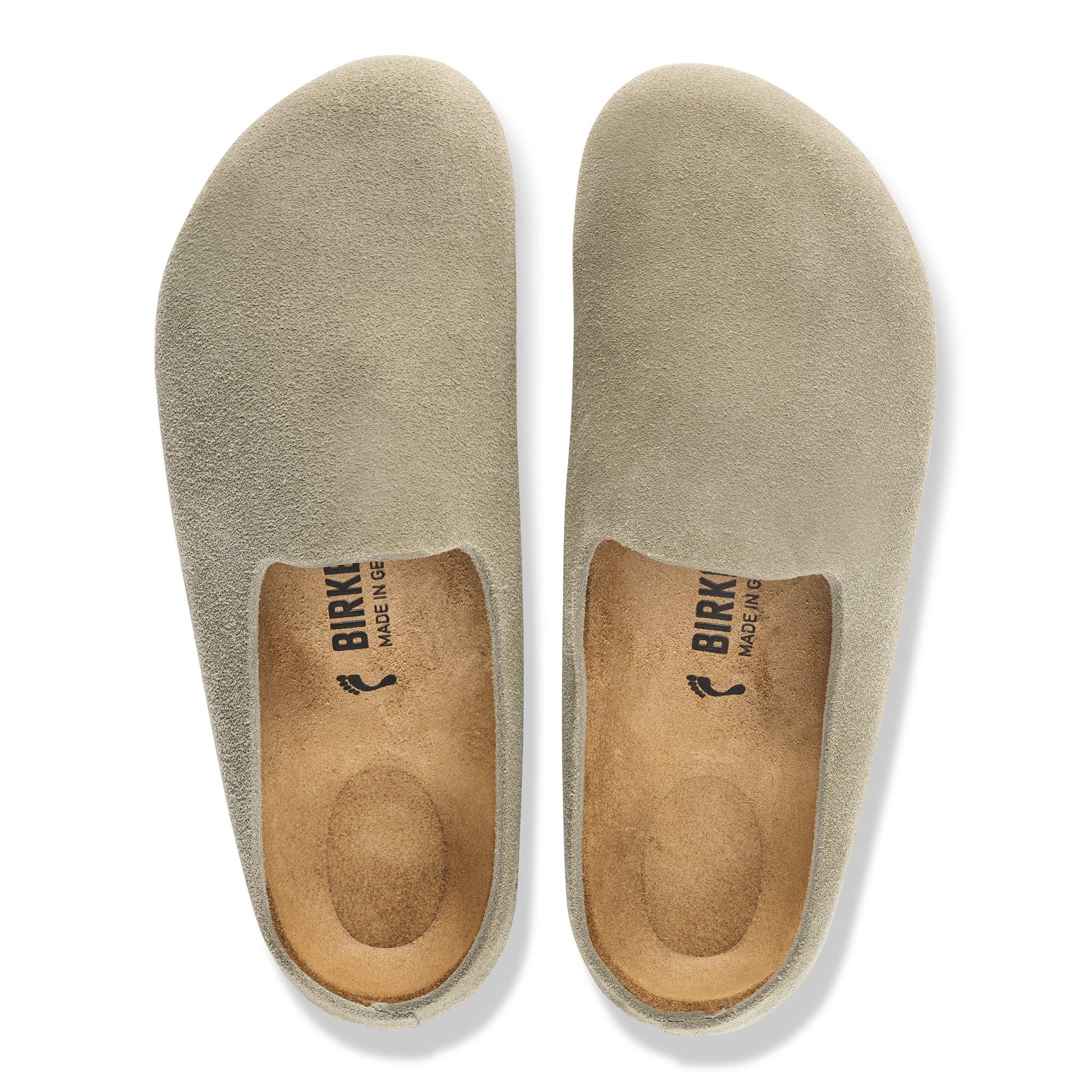 Pair of beige shoe insoles with 'Birkenstock' branding on a white background