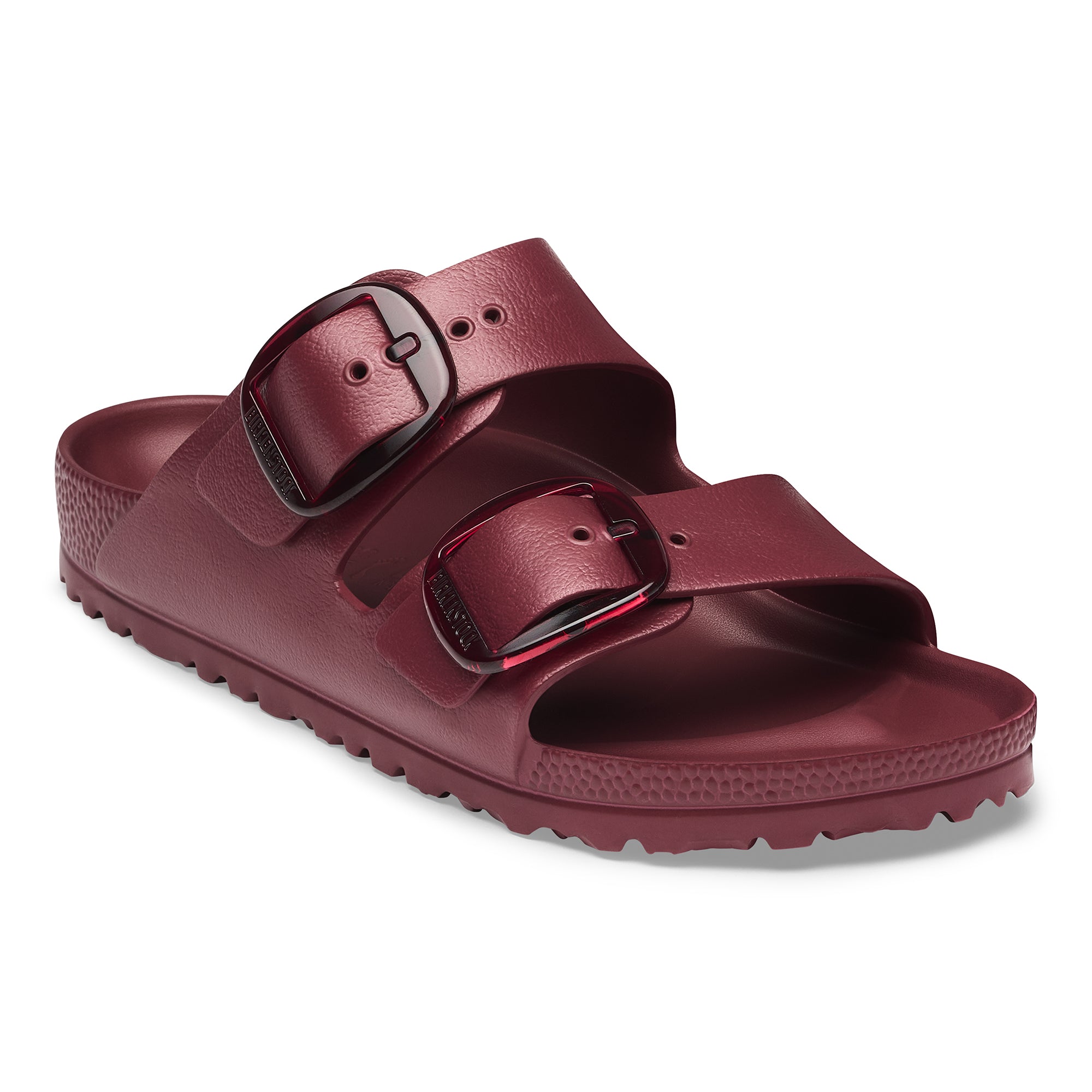 Maroon sandal with double buckle on a white background
