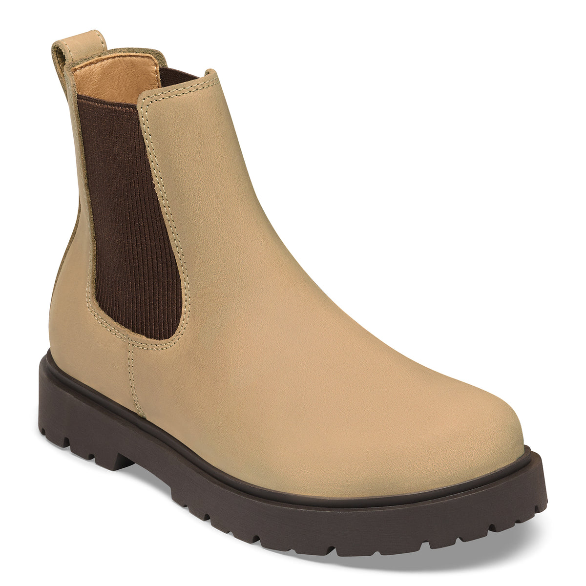 Tan Chelsea boot with brown patch on a white background