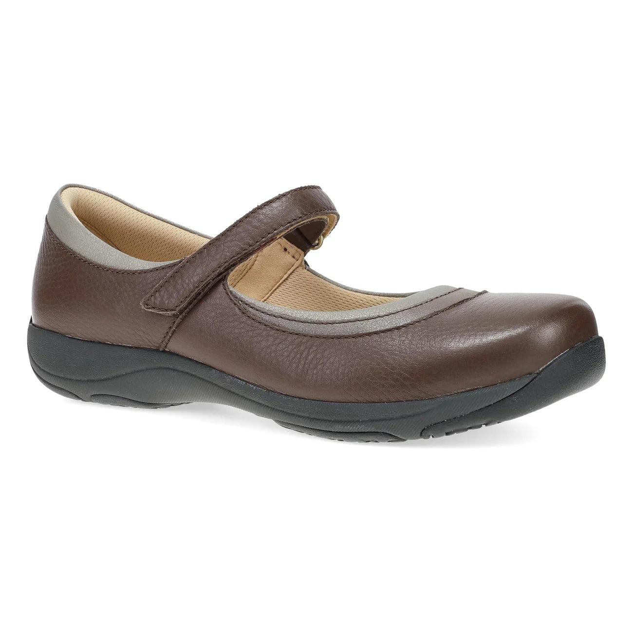 Brown shoe with a strap on a white background