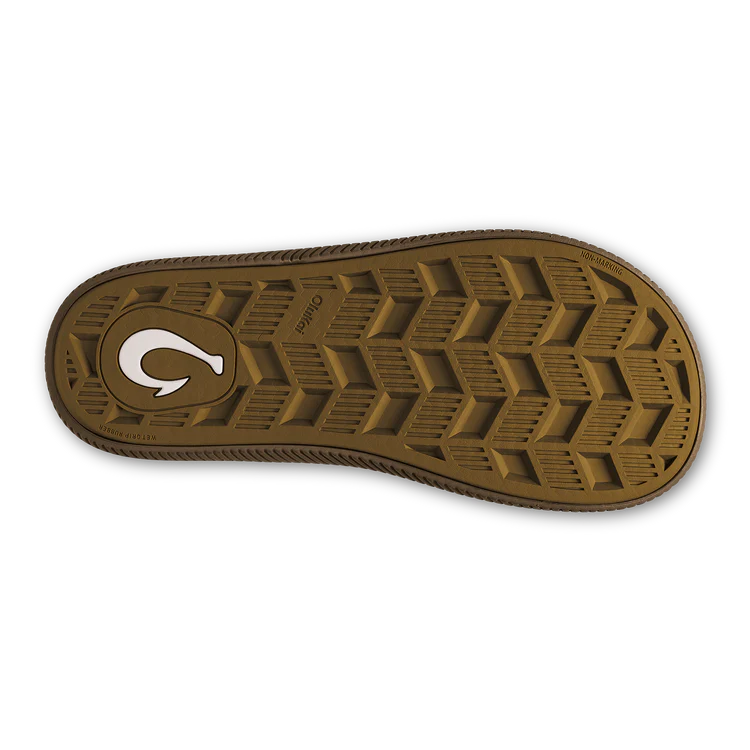 Brown sandal sole with a brand logo on a white background