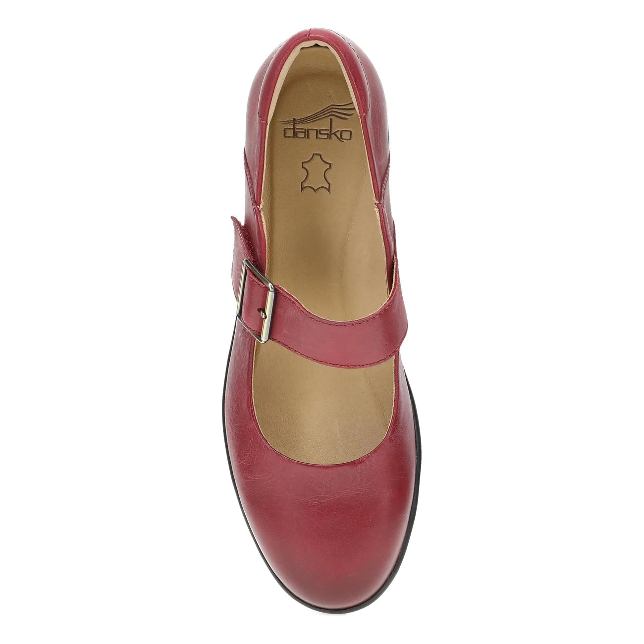 Red shoe with a buckle on a white background