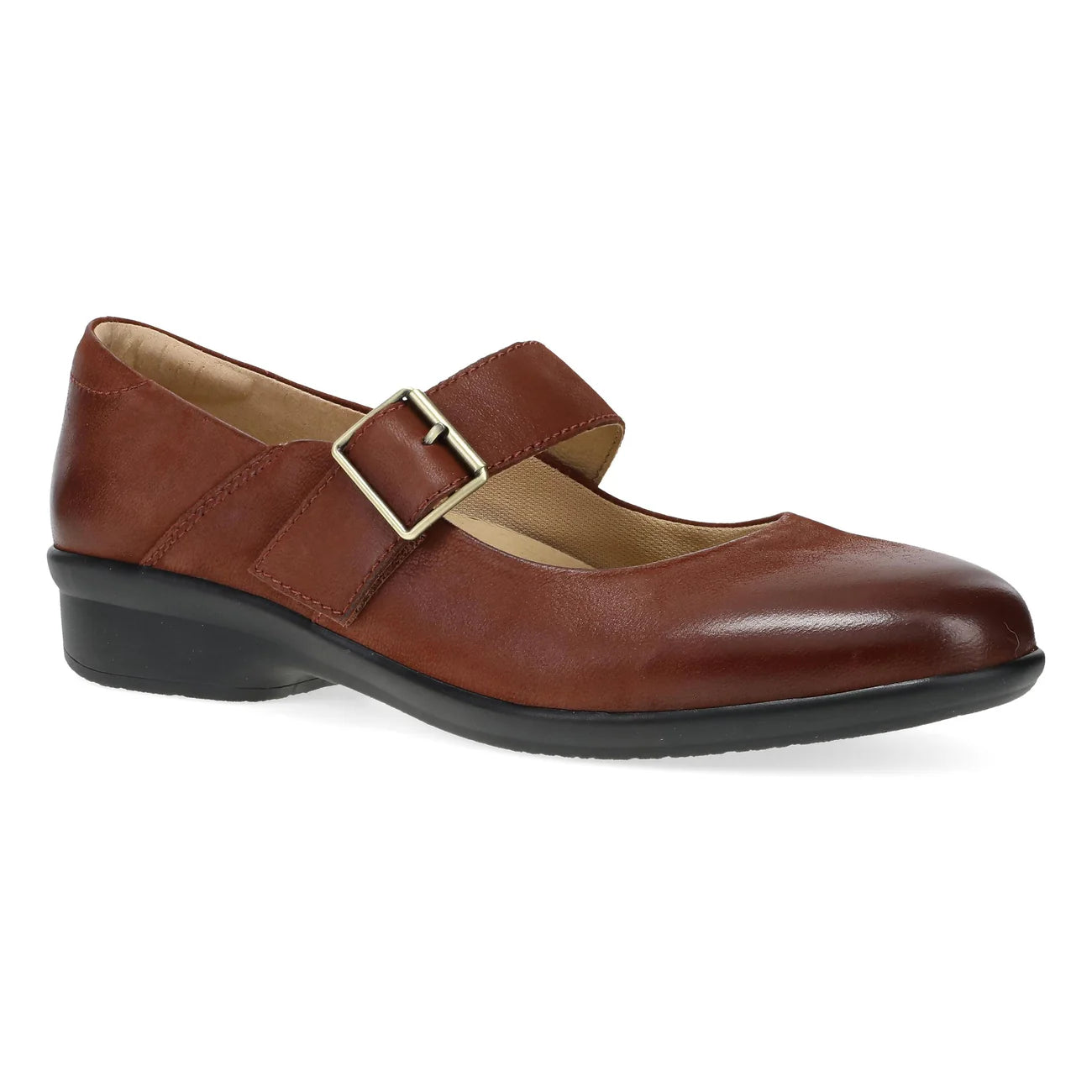 Brown leather shoe with a strap and buckle on a white background