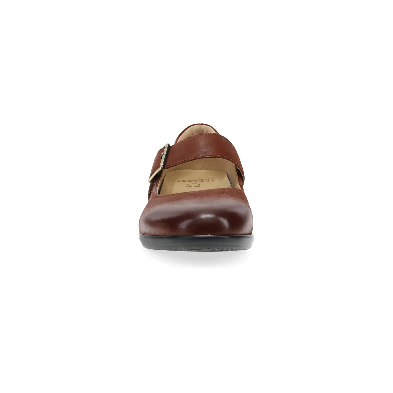 Brown leather shoe with a strap on a white background