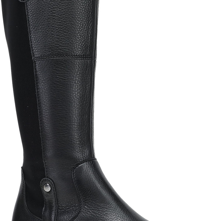 A single black leather knee-high boot with a pebbled texture, a low wedge heel, and silver-tone metal snap details, shown against a plain white background.