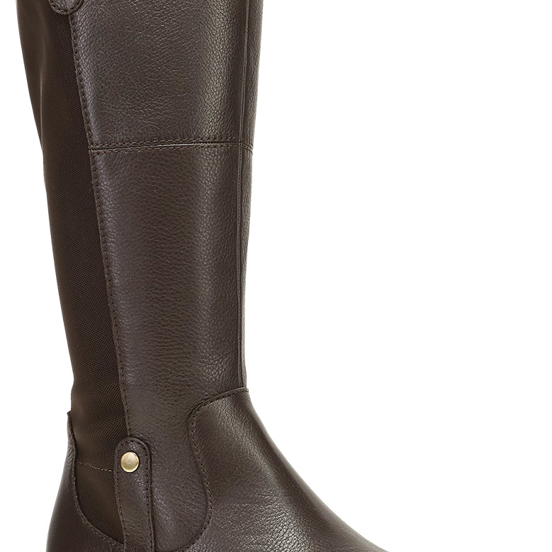 A dark brown knee-high leather boot with a low block heel and gold-tone metal snap buttons, shown against a plain white background.