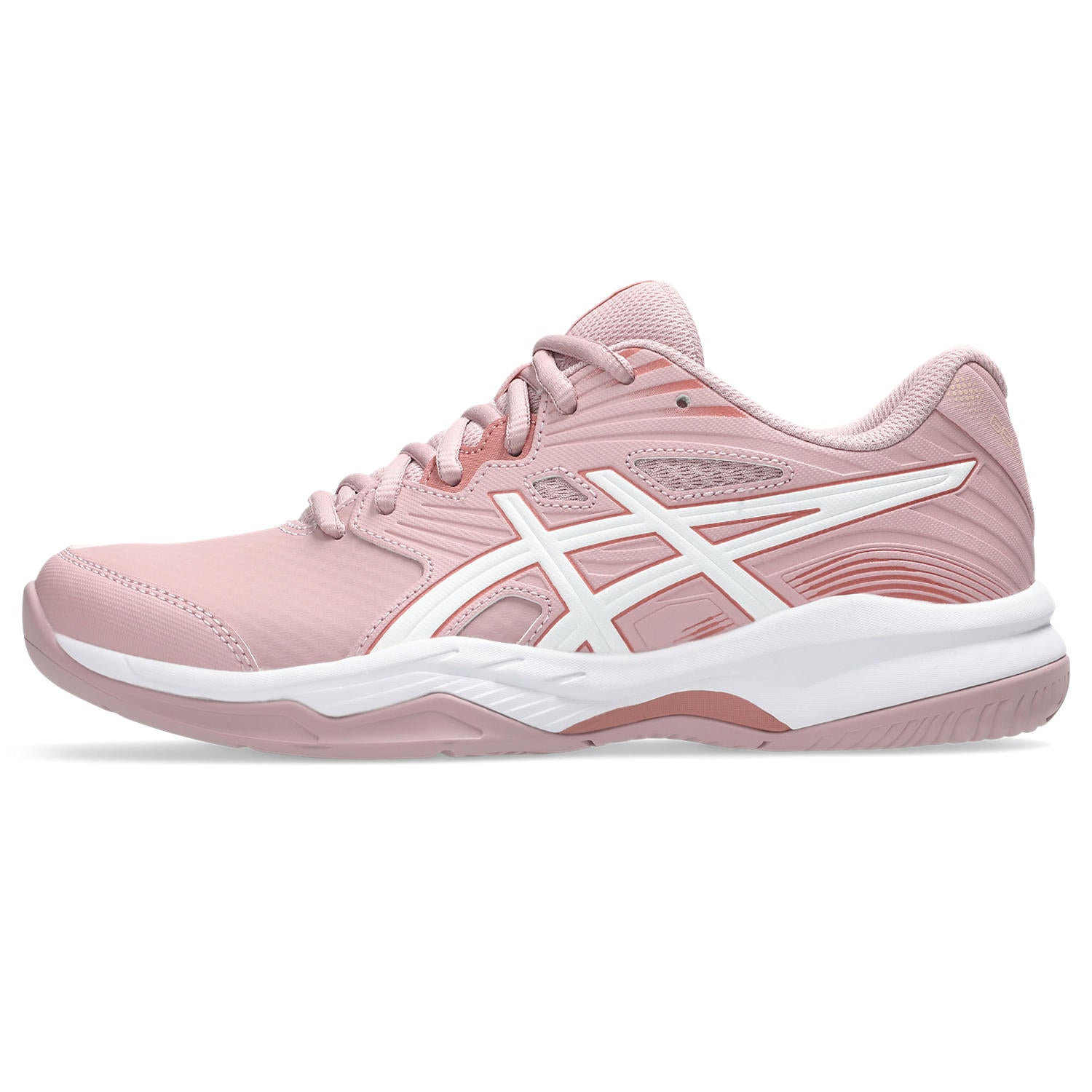 Pink athletic shoe with white sole on a white background