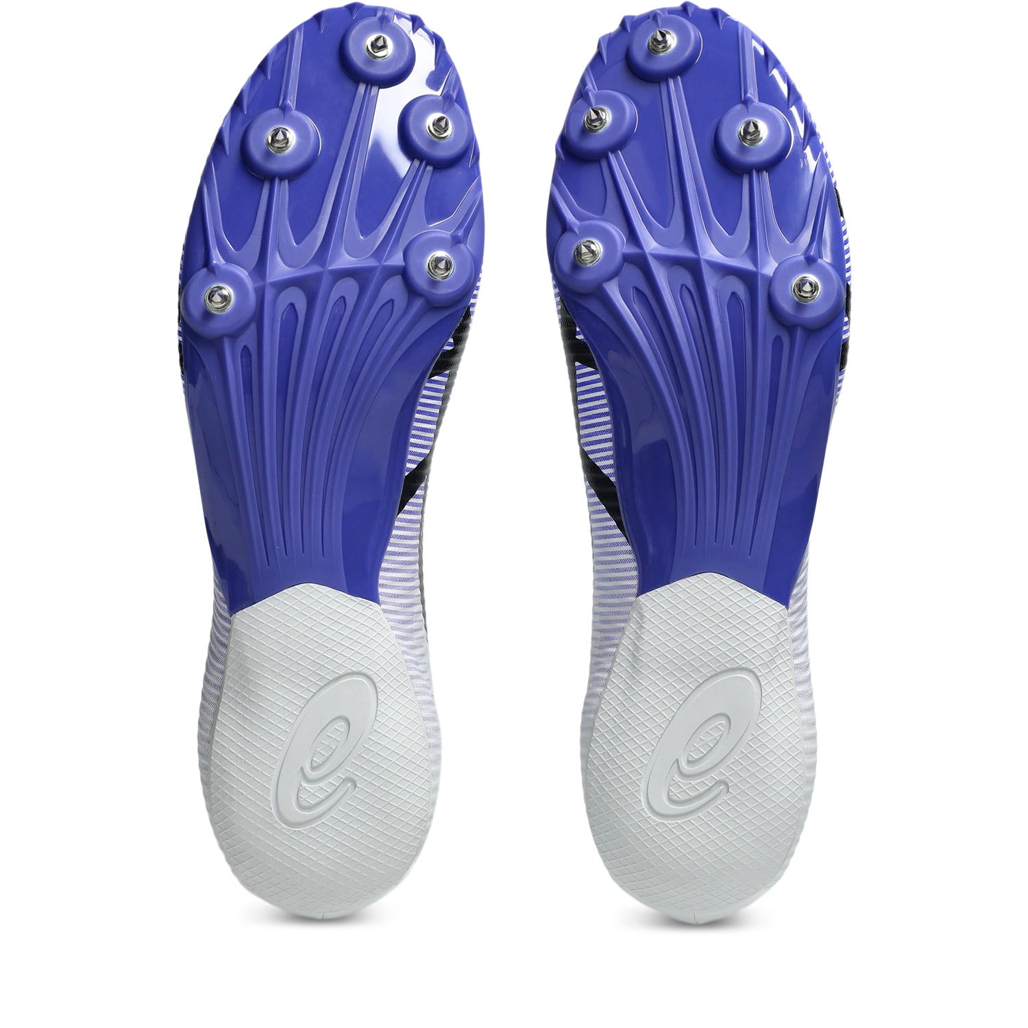 Blue cleats with white soles on a white background