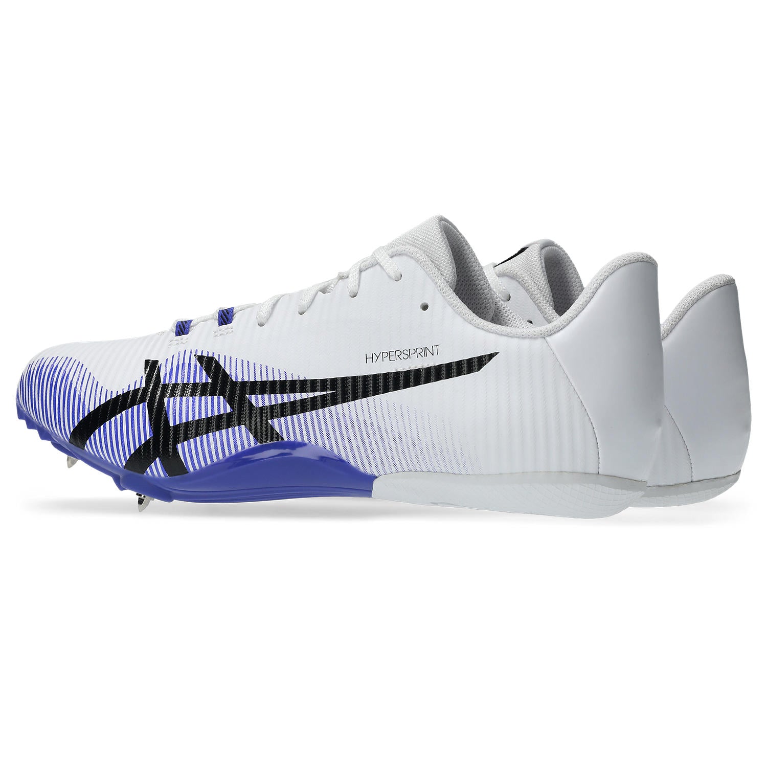 White running shoe with blue cleats on a white background