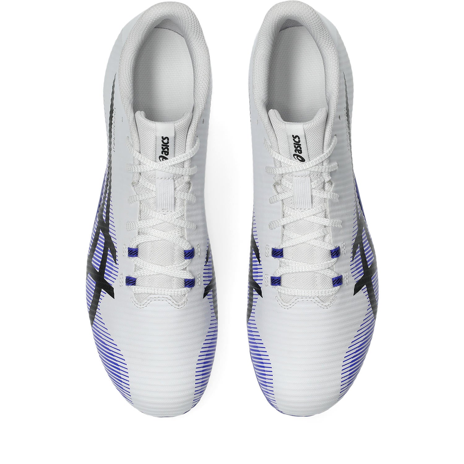White sports shoes with blue and black accents on a white background