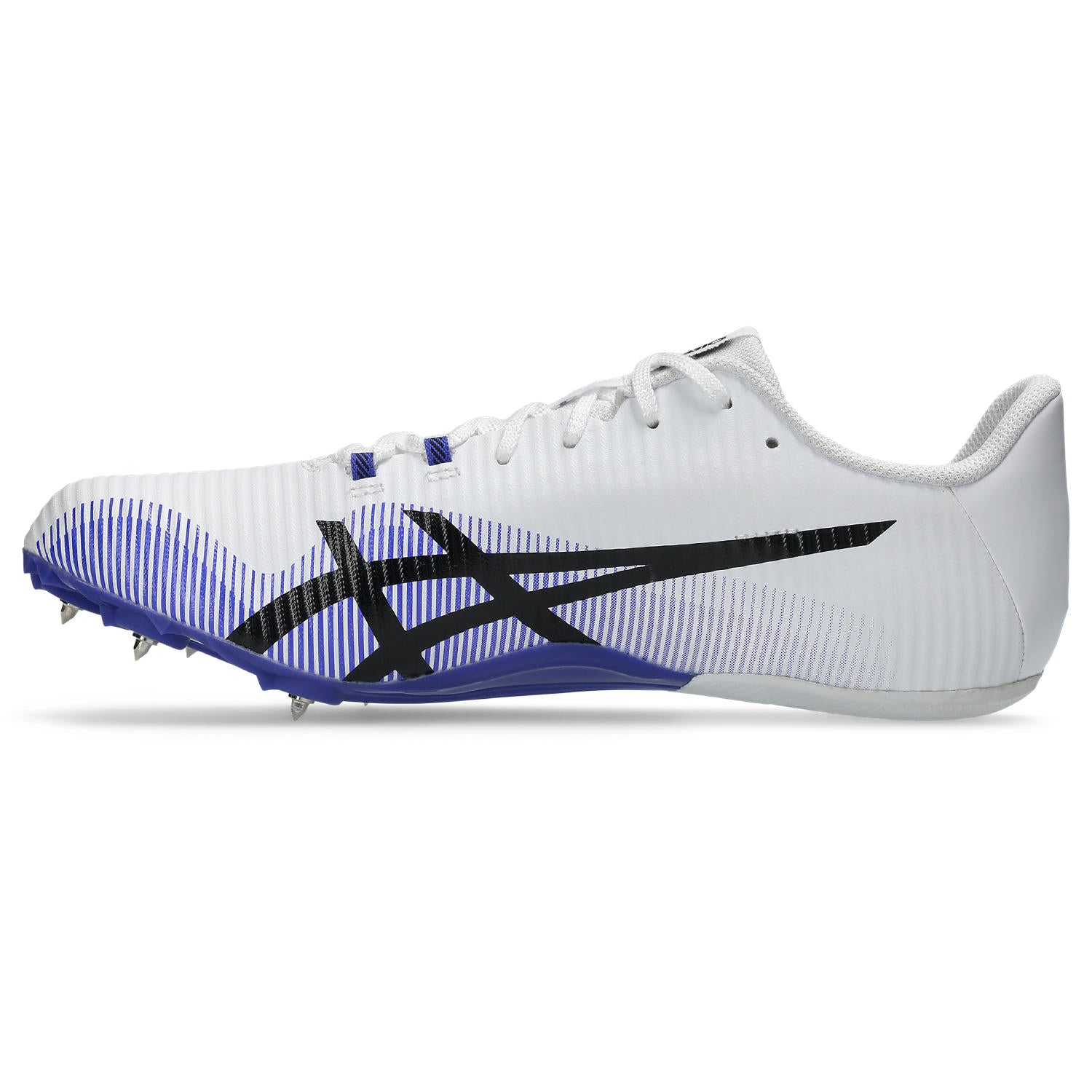 White running shoe with blue accents and spikes on a white background