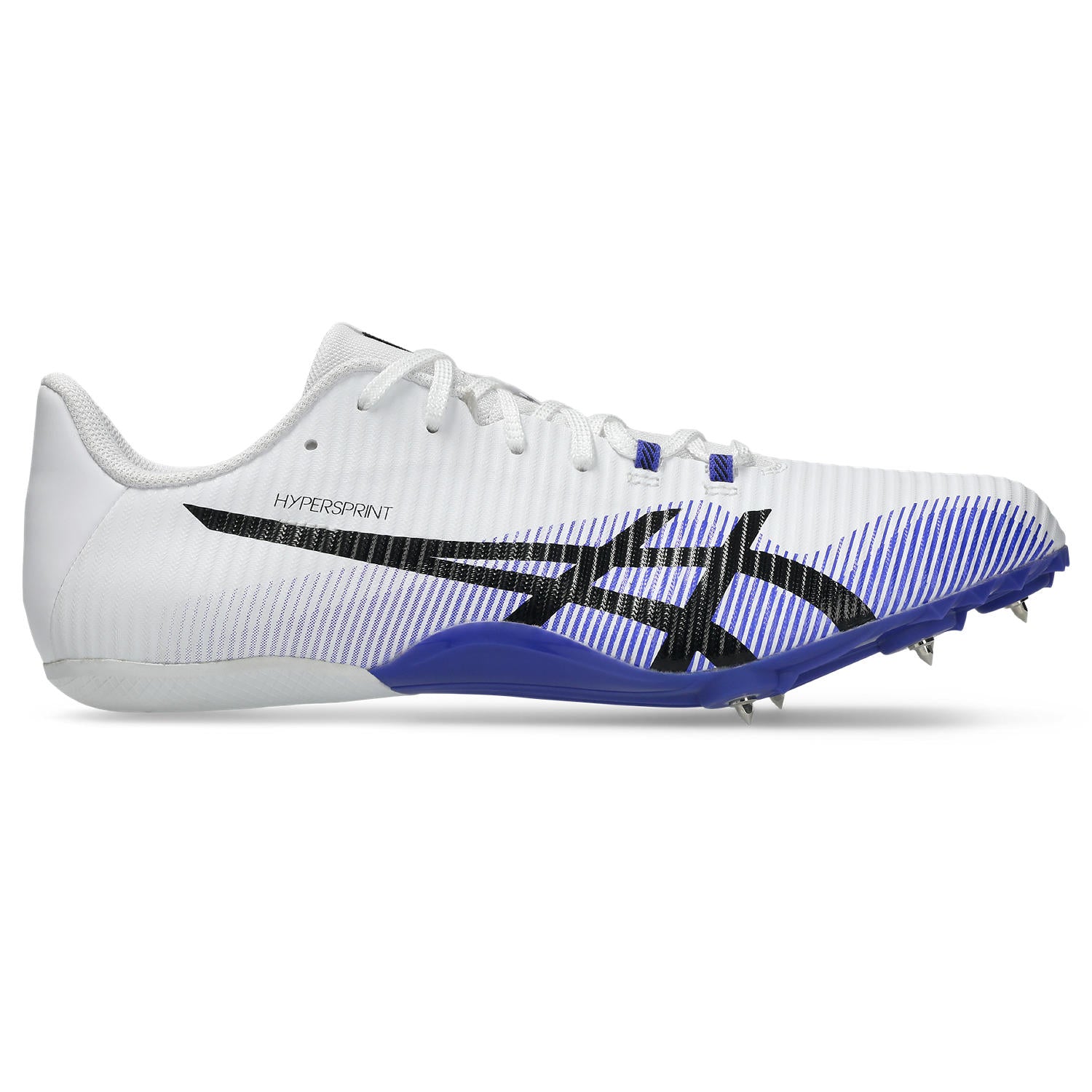 White running shoe with blue cleats on a white background