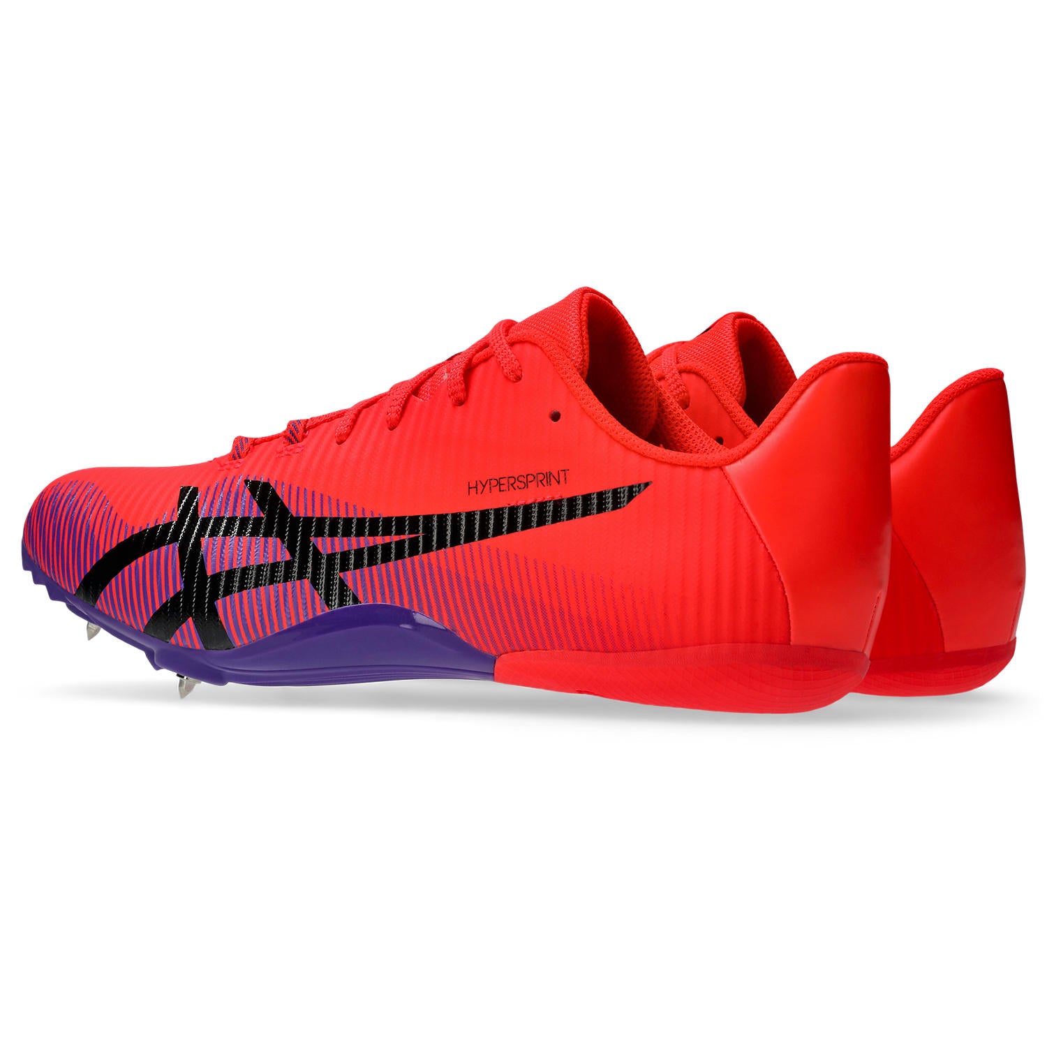 Red running shoes with blue soles on a white background