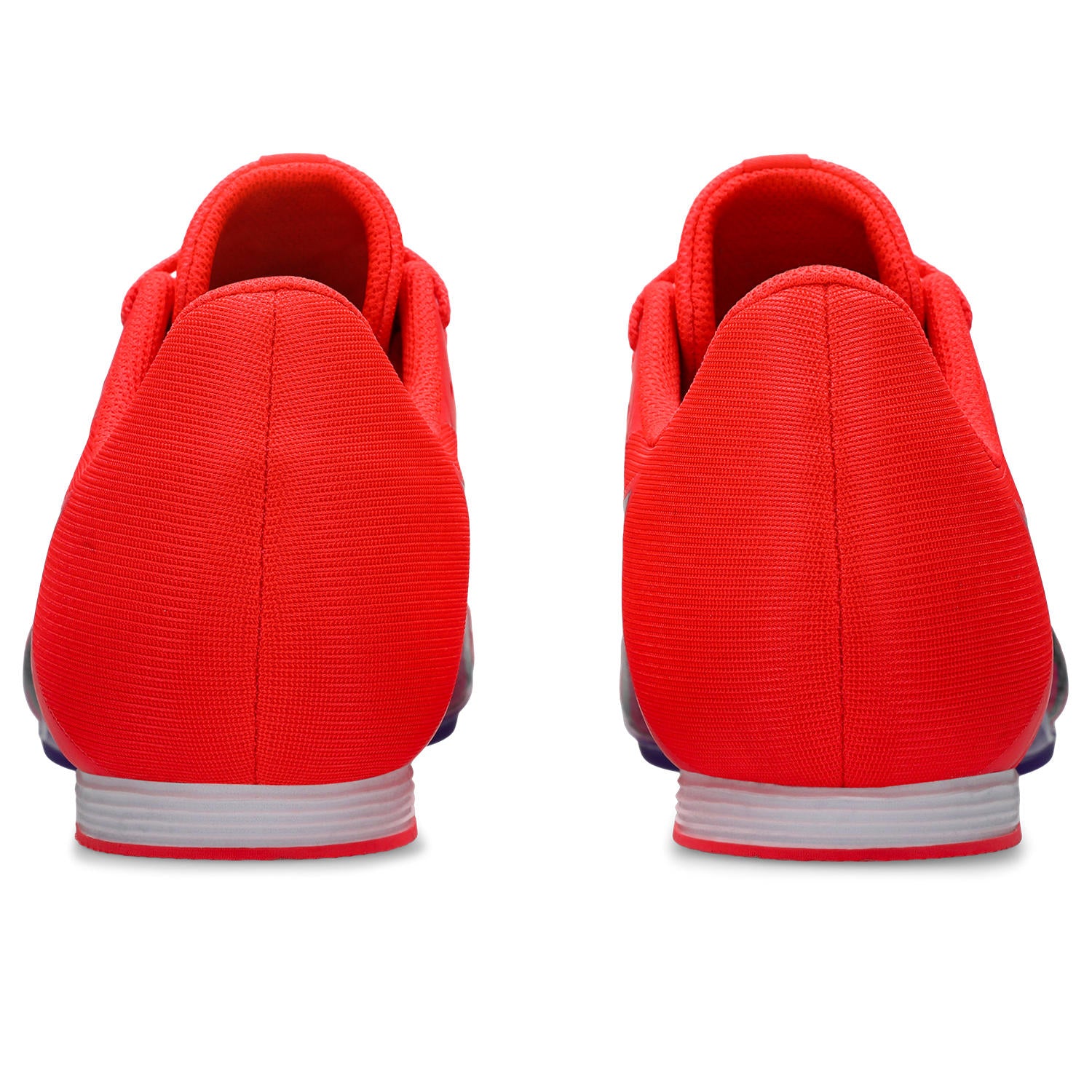 Red athletic shoes shown from the back on a white background