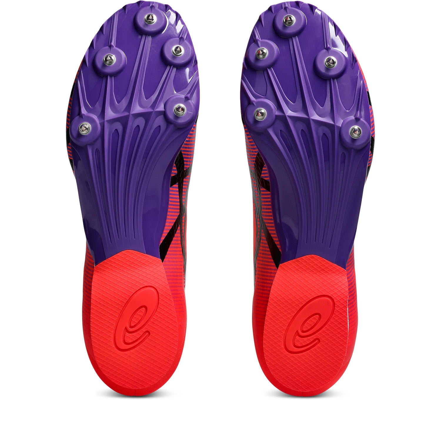 Purple and red soccer cleats with a brand logo on a white background