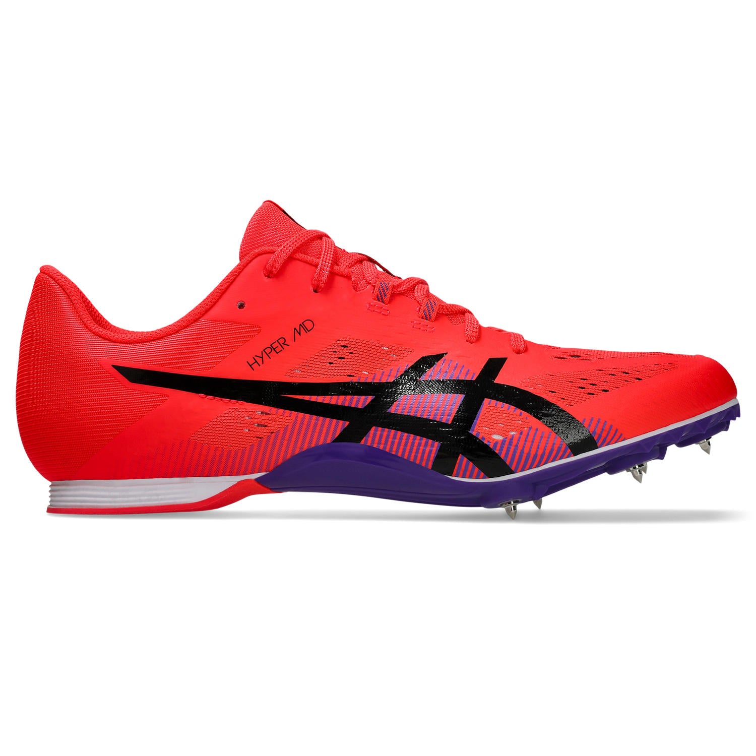 Red and blue running shoe with spikes on a white background