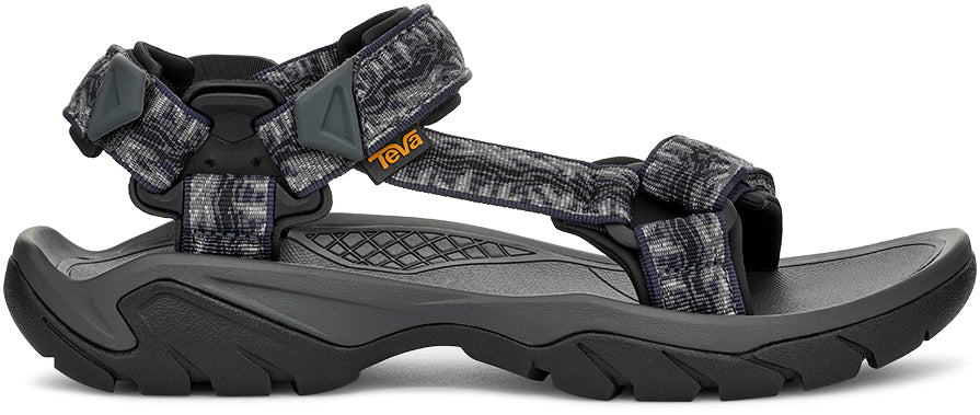 Black and gray sandal with multiple straps on a white background
