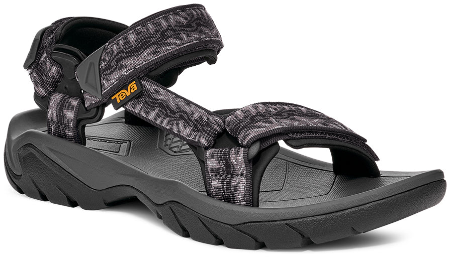 Black and gray sandal with camouflage pattern on a white background
