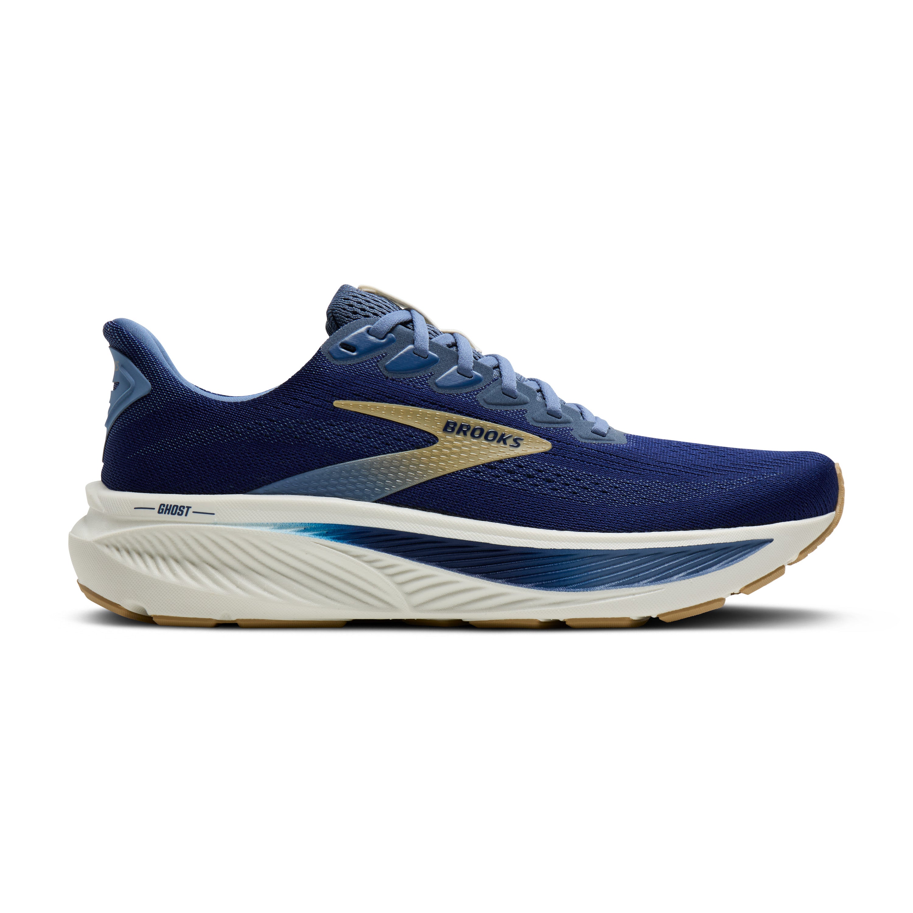 Blue running shoe with white sole on a white background