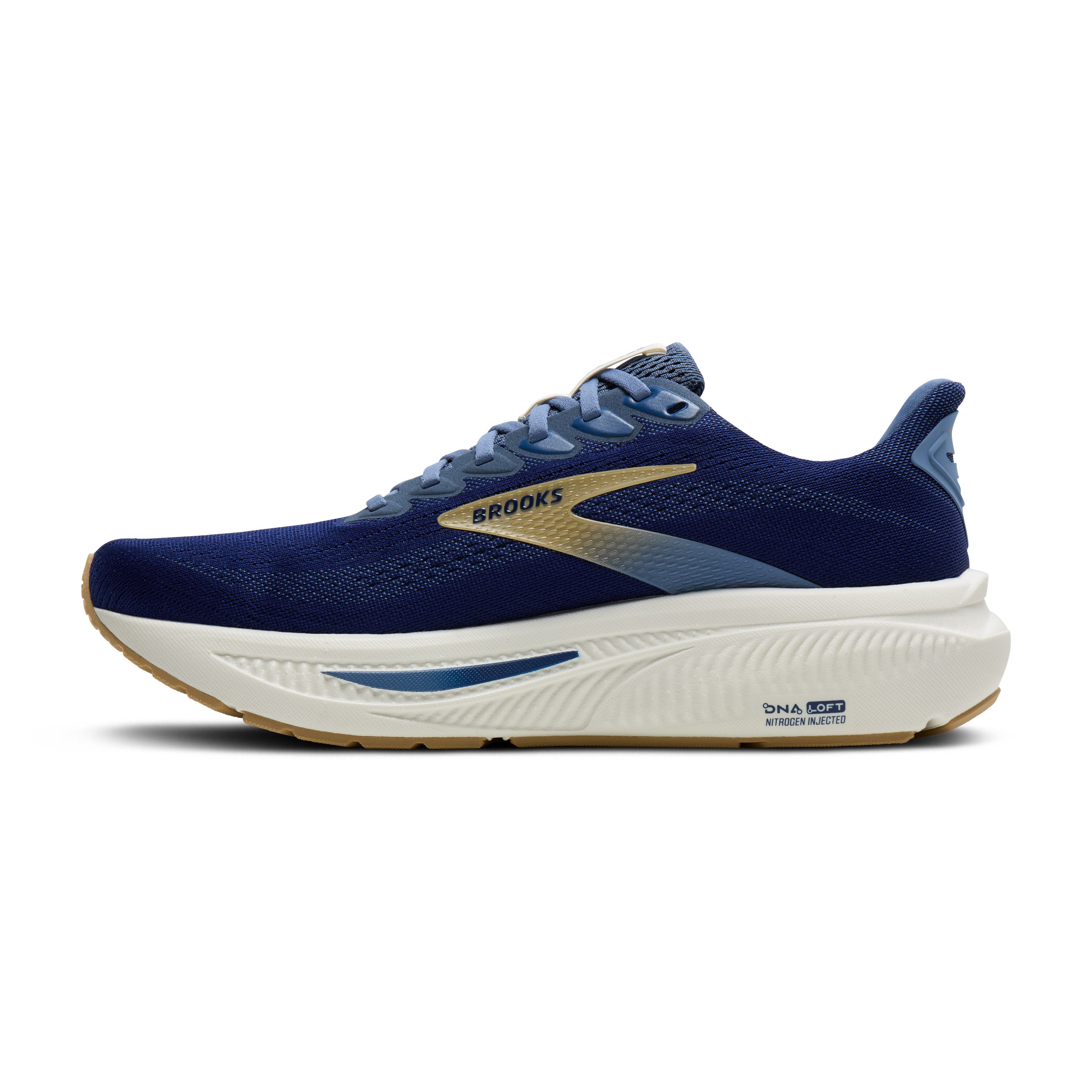 Blue running shoe with white sole on a white background