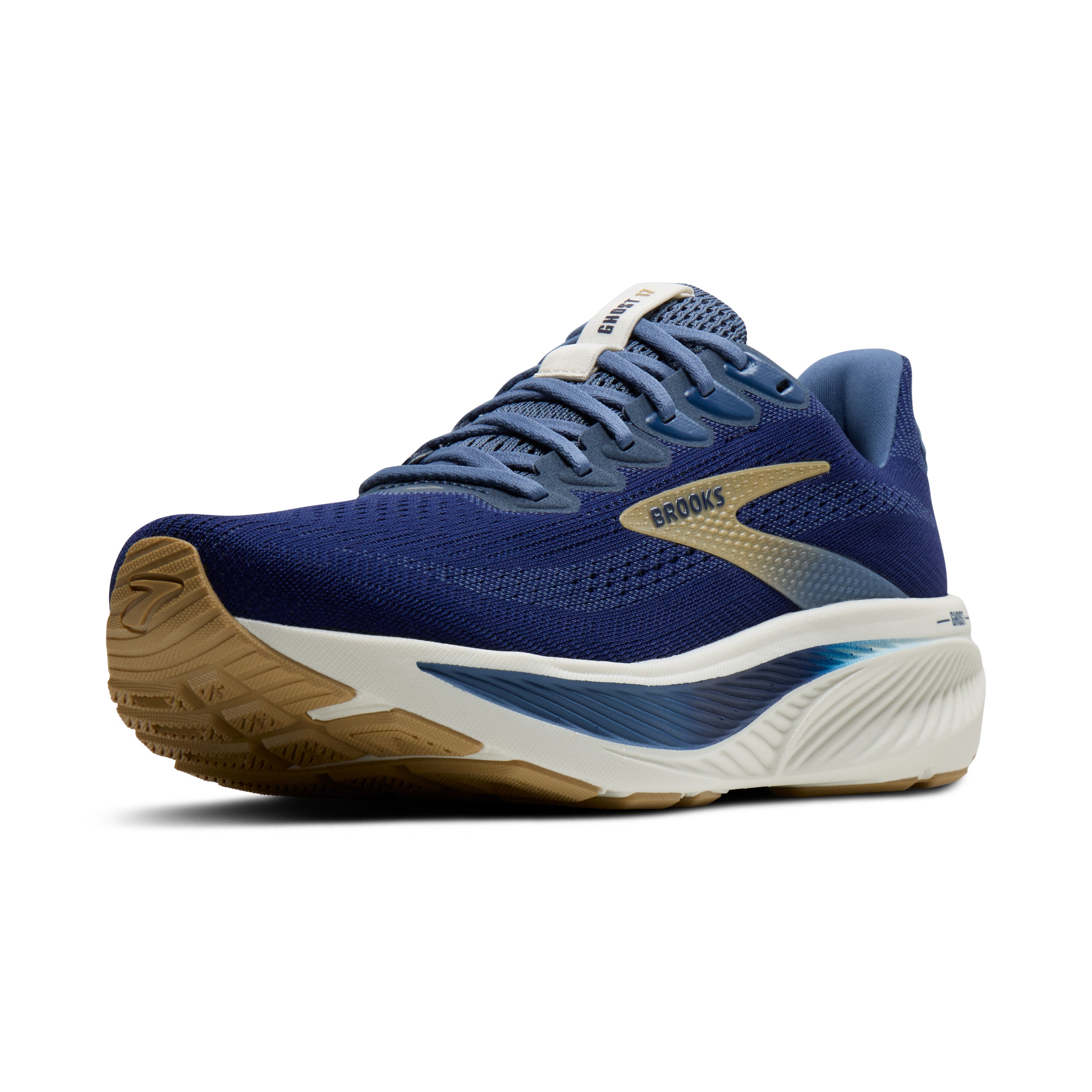 Blue running shoe with brown sole on a white background