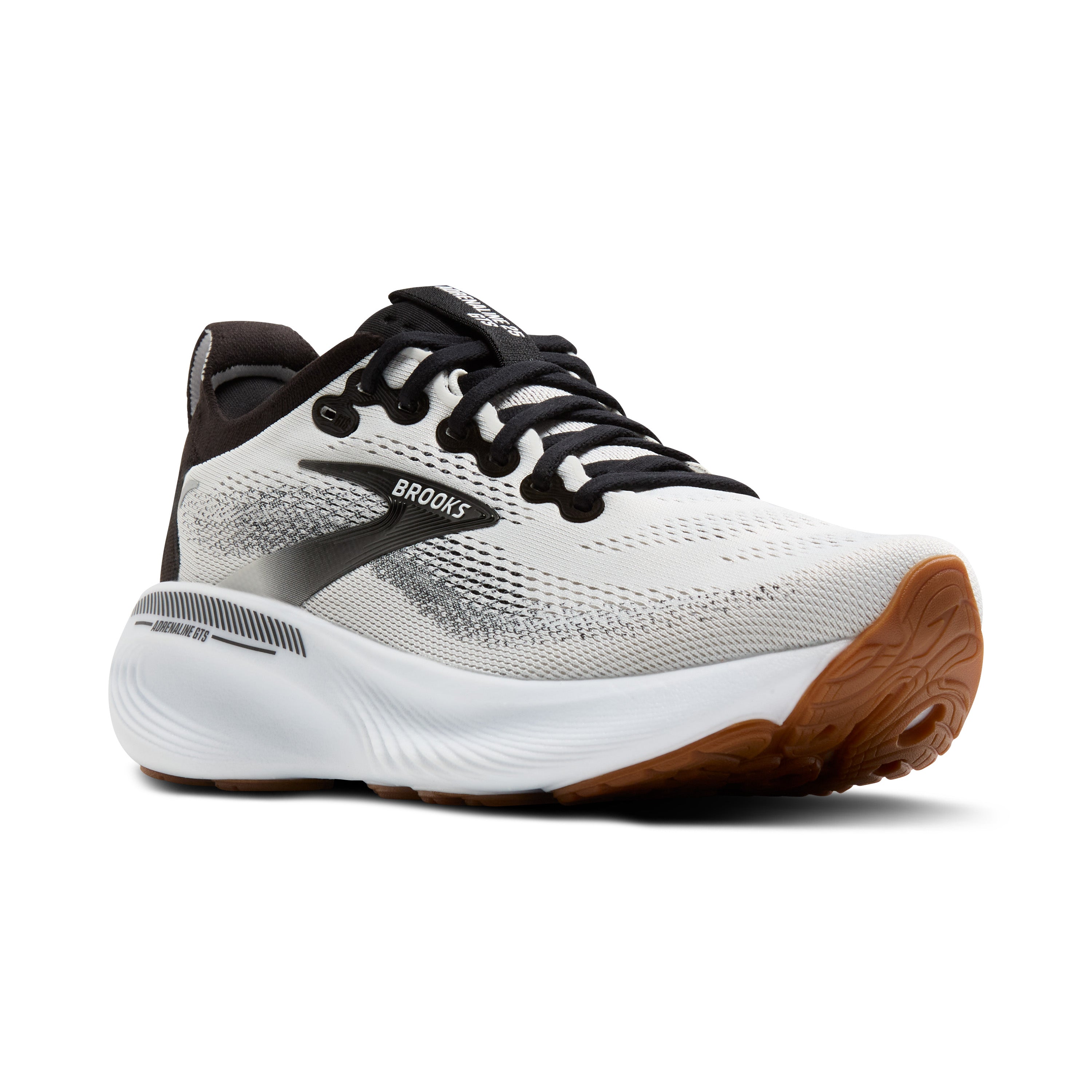 White running shoe with black accents and brown sole on a white background