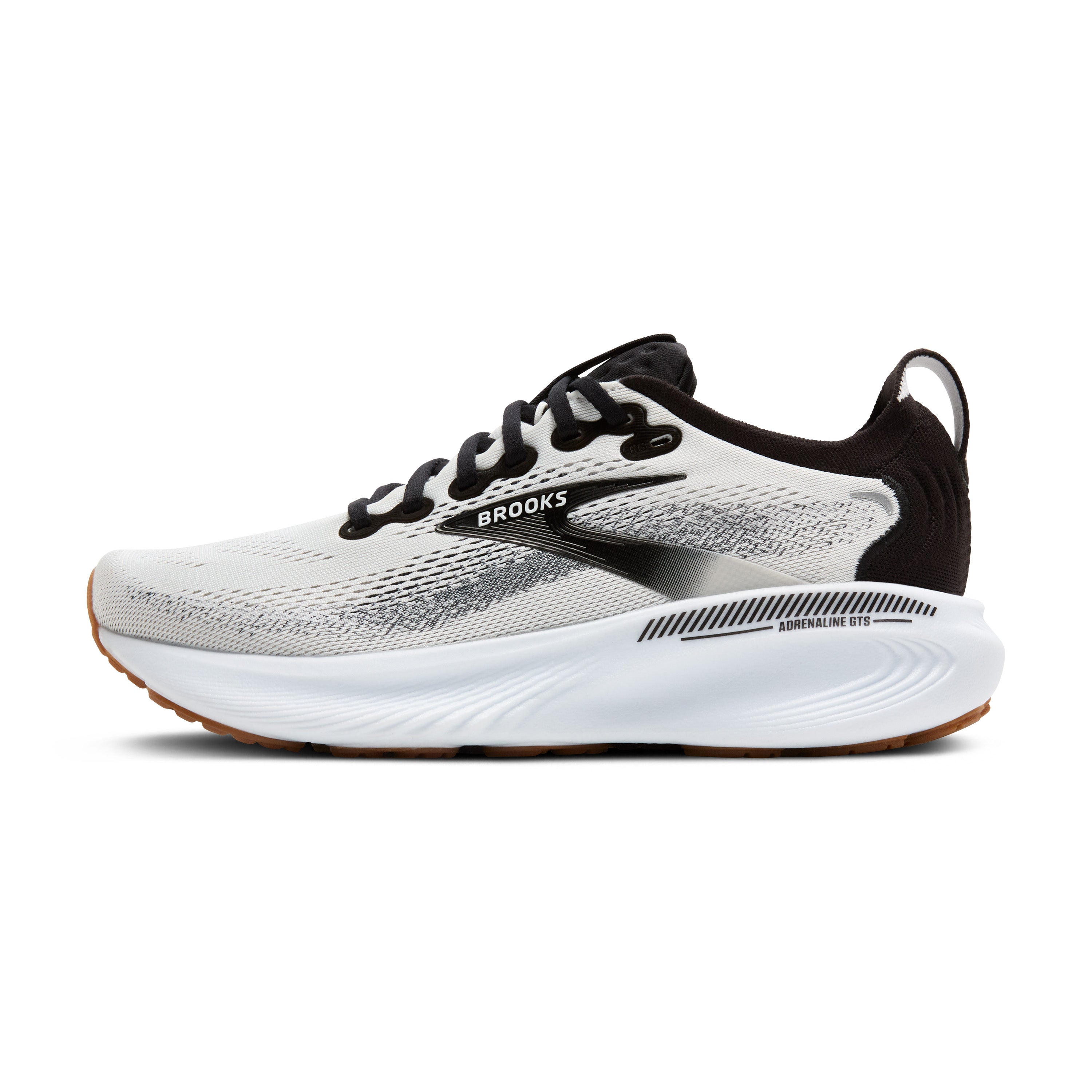 White and black running shoe with 'Brooks' branding on a white background