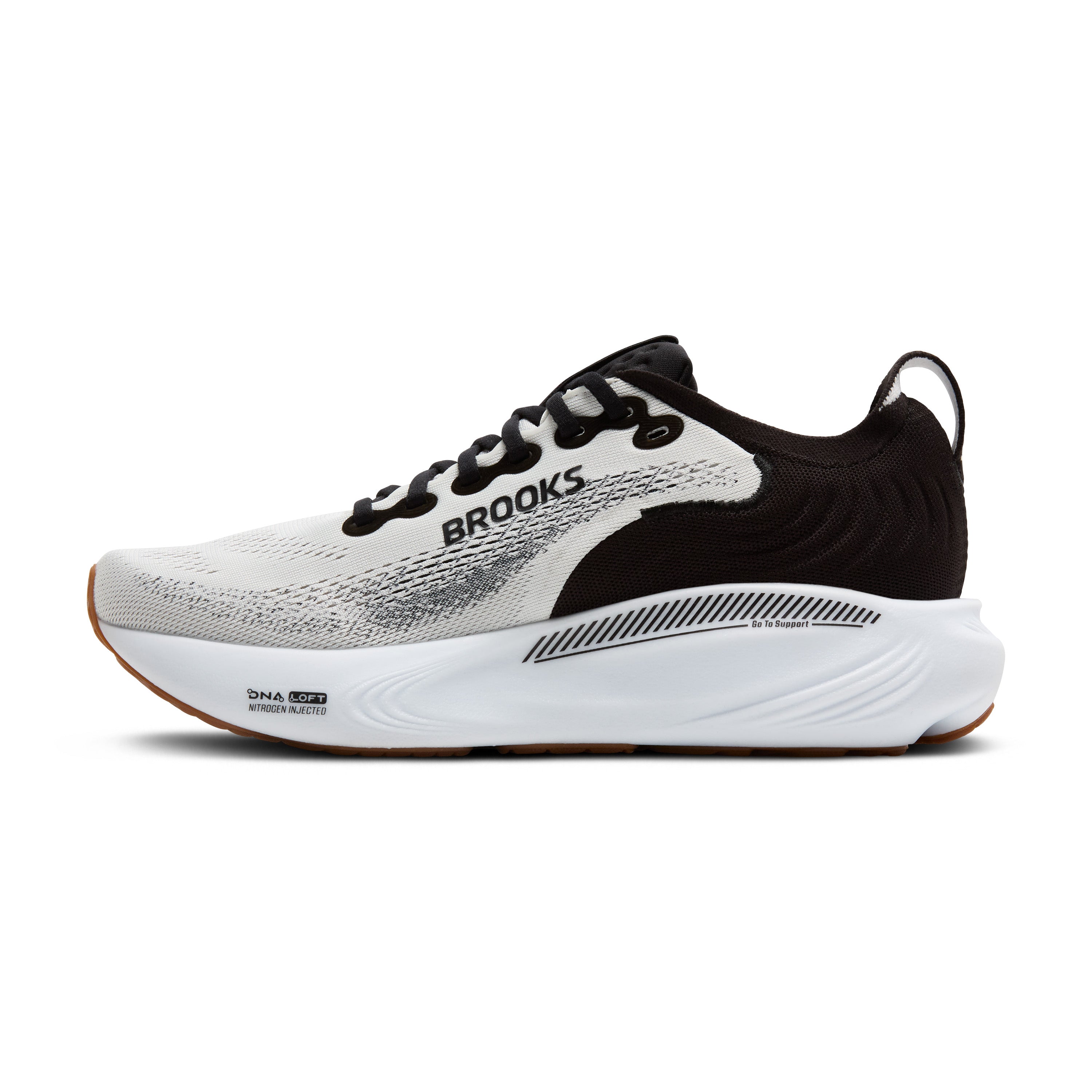 Black and white running shoe with 'Brooks' branding on a white background