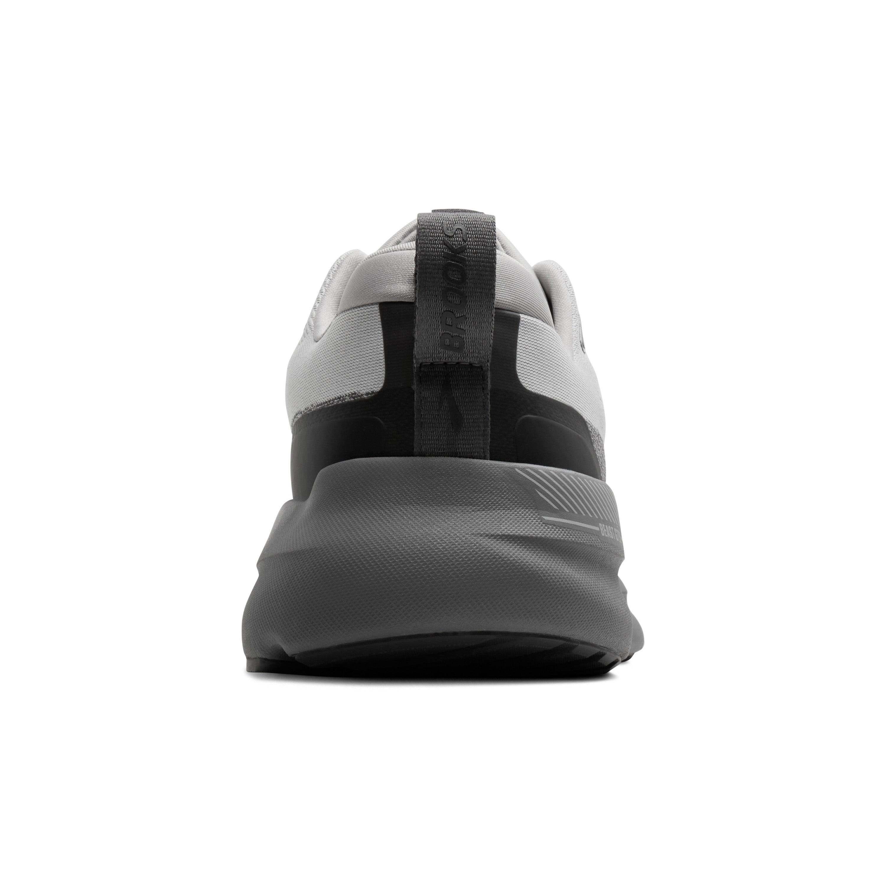 Back view of a gray and black sneaker on a white background