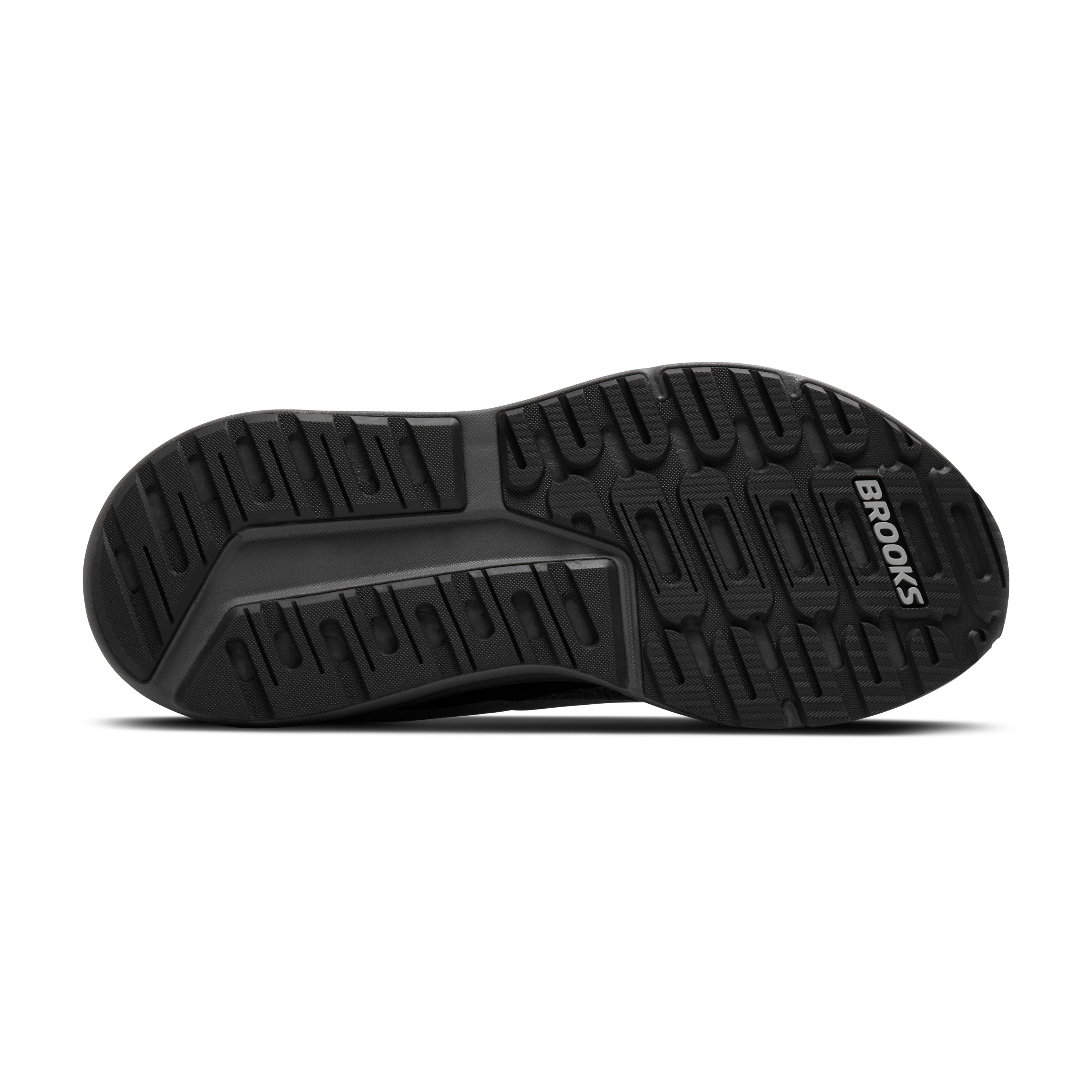 Black athletic shoe sole with 'Brooks' branding on a white background