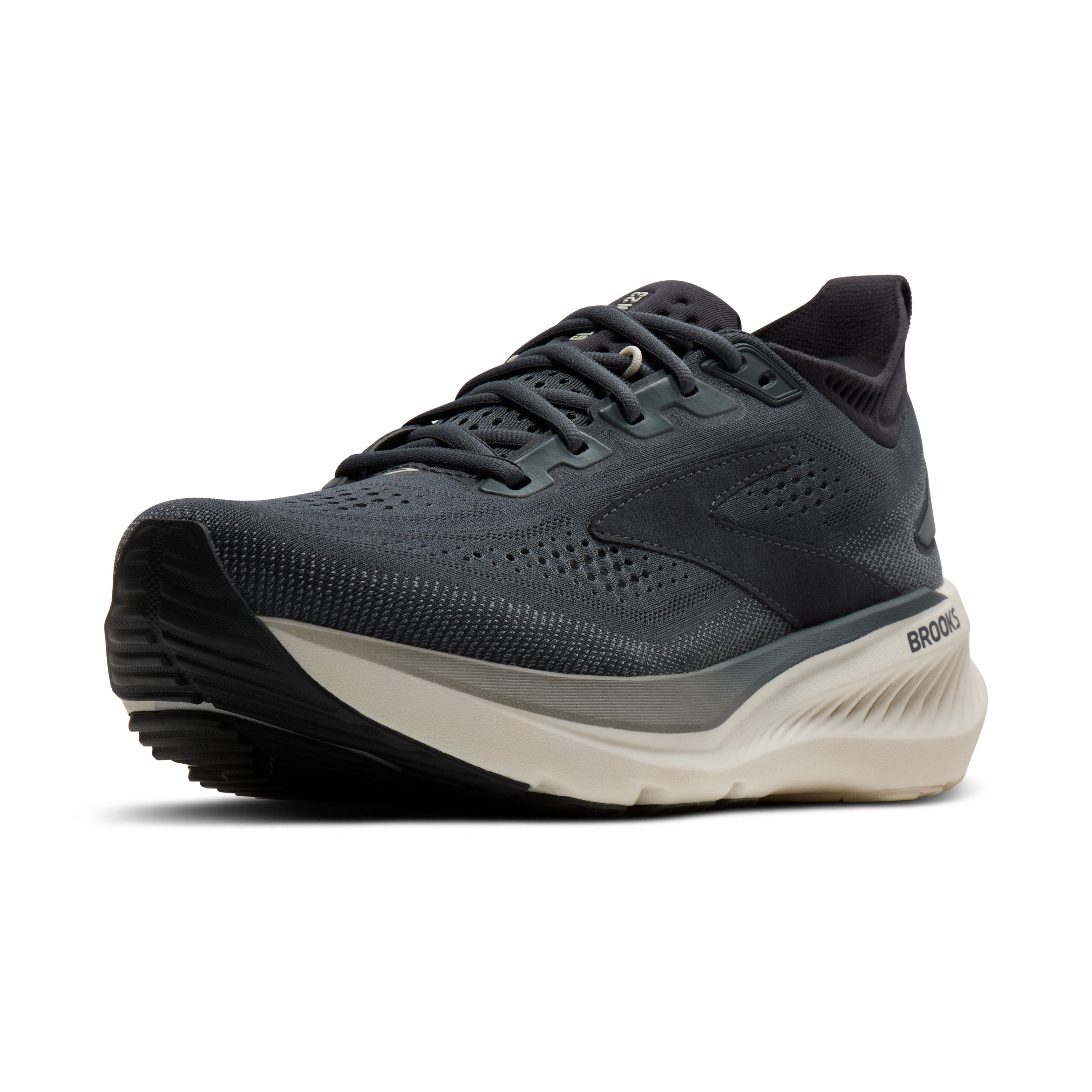 Black running shoe with white sole on a white background