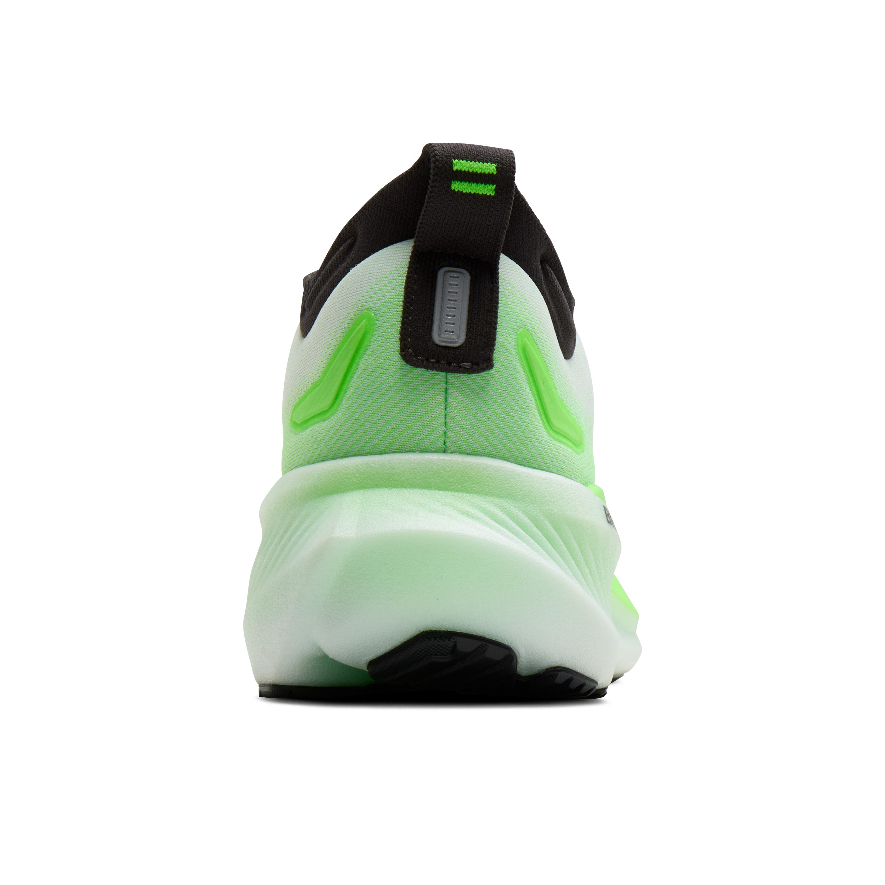 Back view of a green and black athletic shoe on a white background