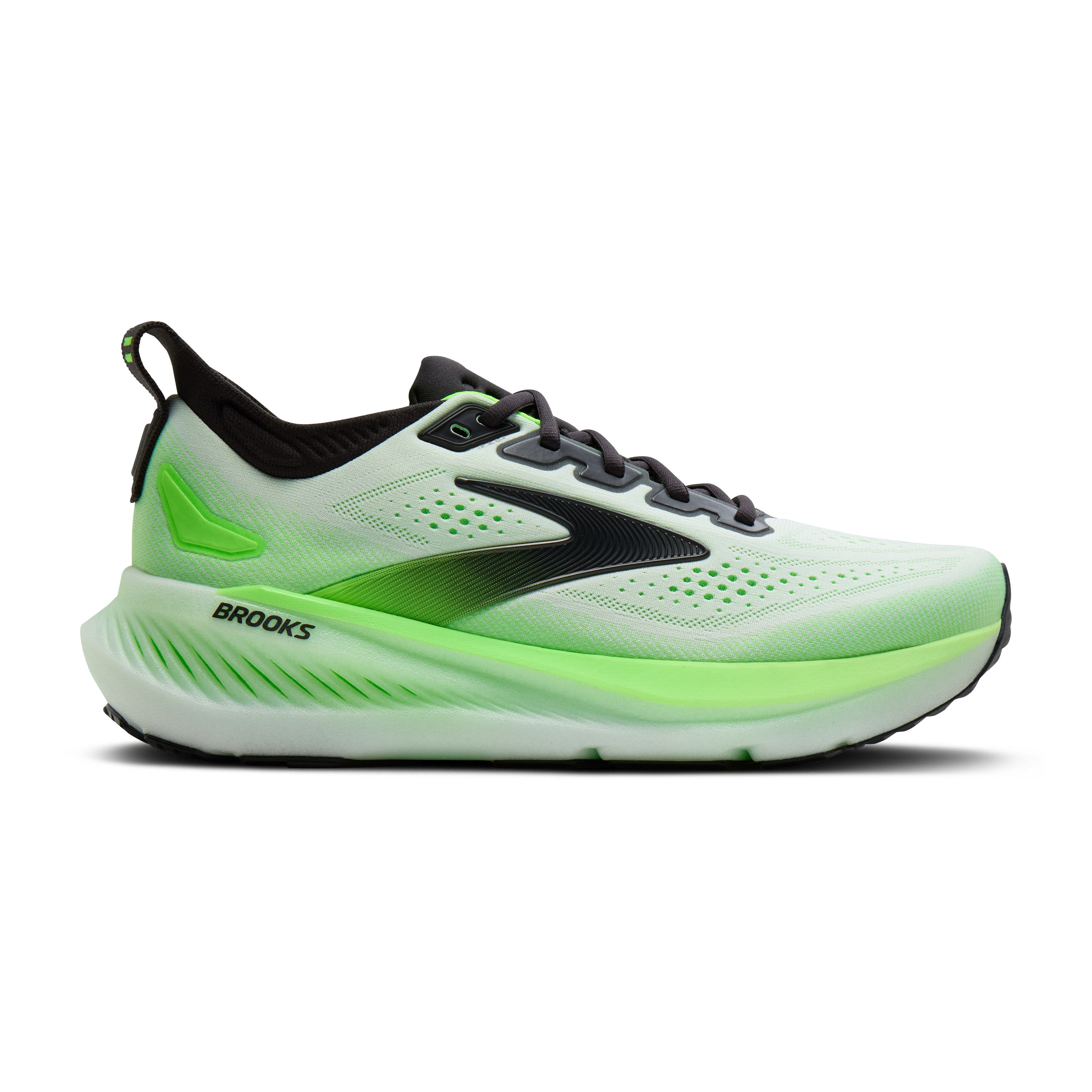 White and green running shoe with black accents on a white background