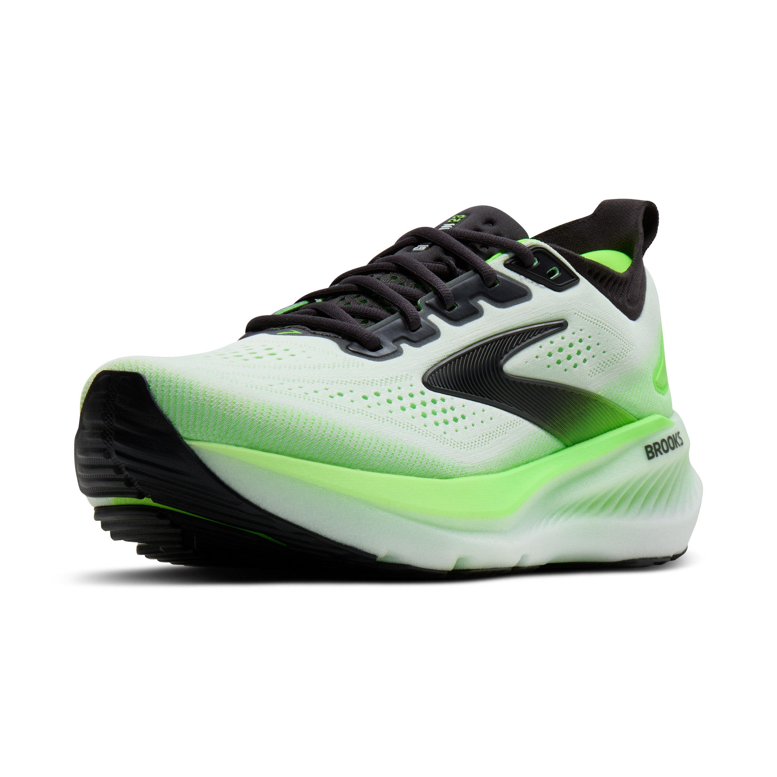 White and green running shoe with black accents on a white background