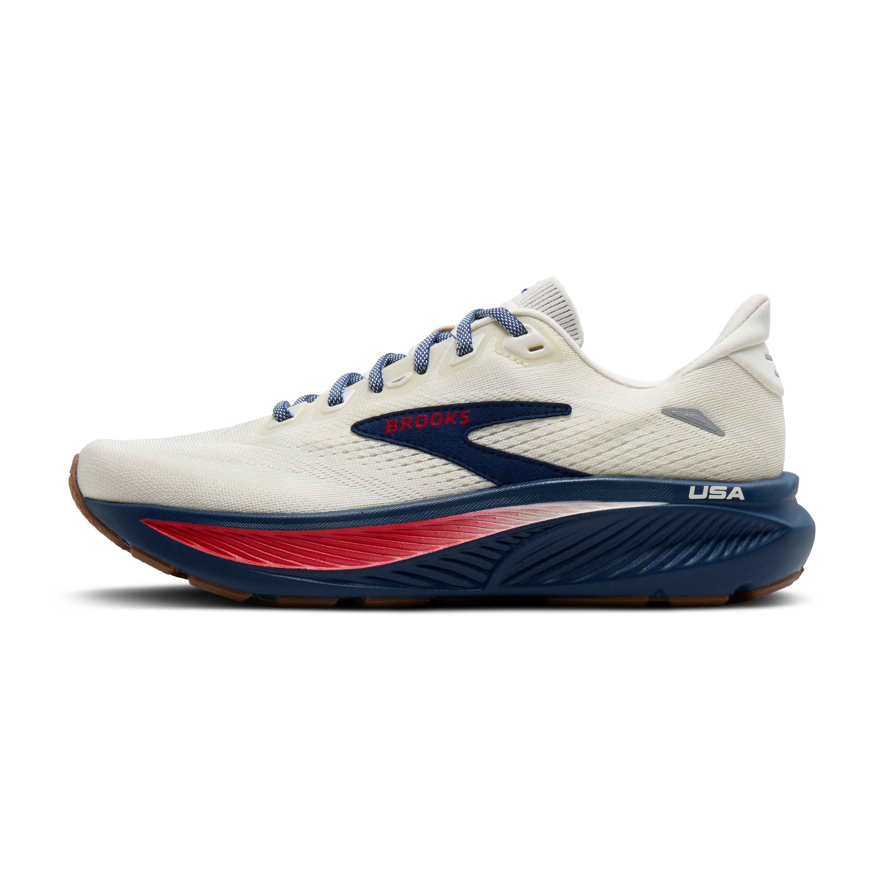 White running shoe with red and blue accents on a white background