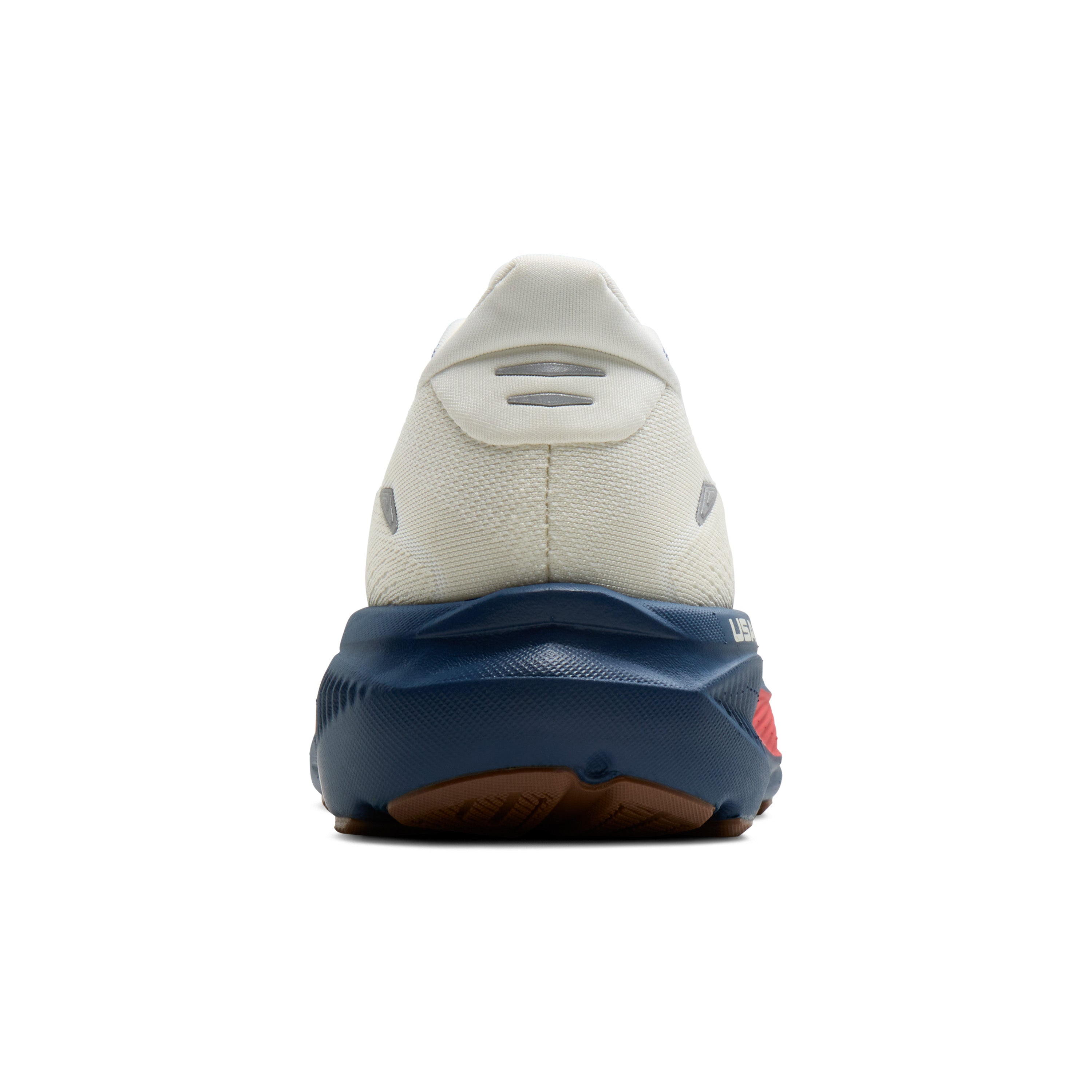 Back view of a sneaker with a white and blue design on a white background