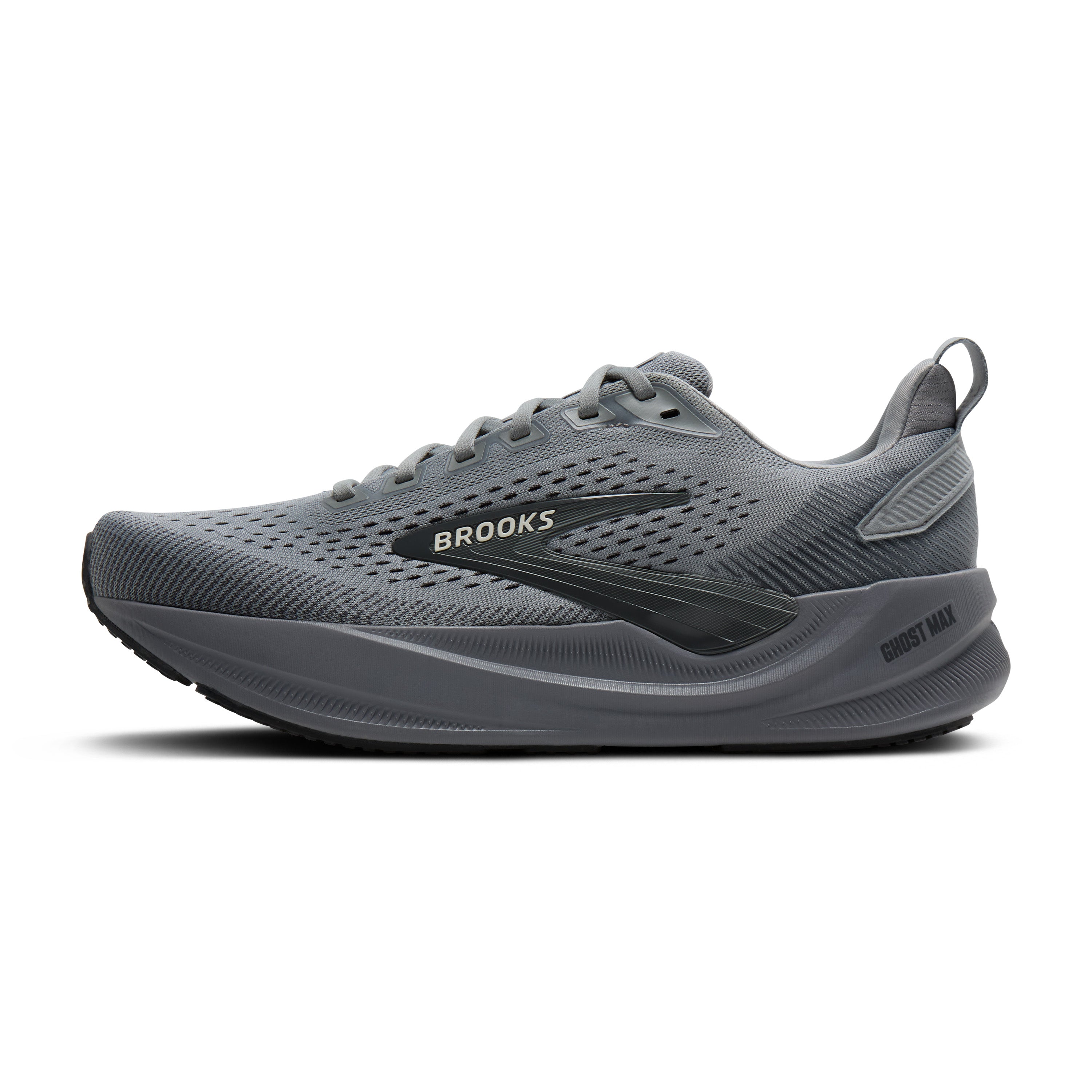 A gray Brooks Ghost Max running shoe shown from the side against a plain white background.