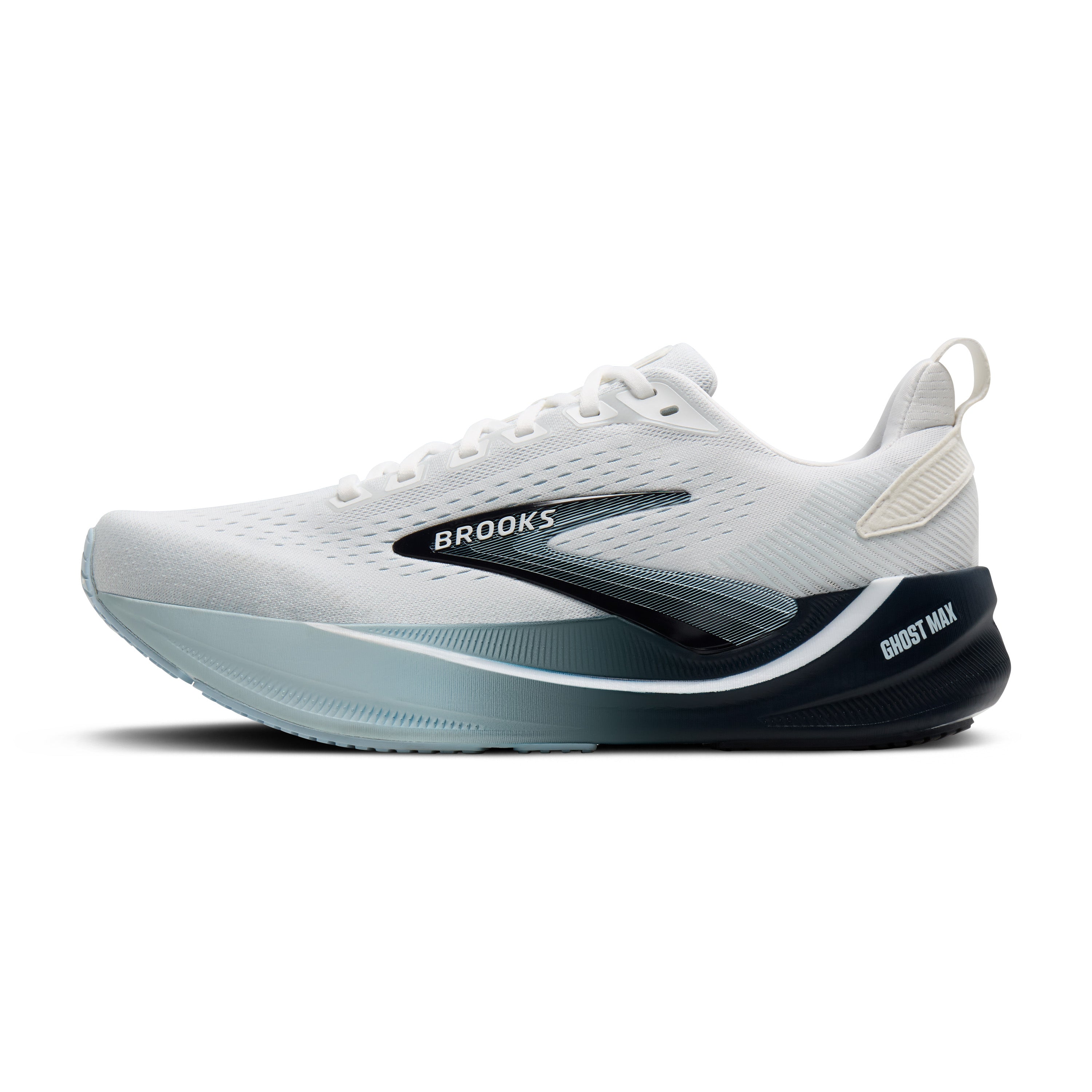 White running shoe with black stripes and pink sole on a white background