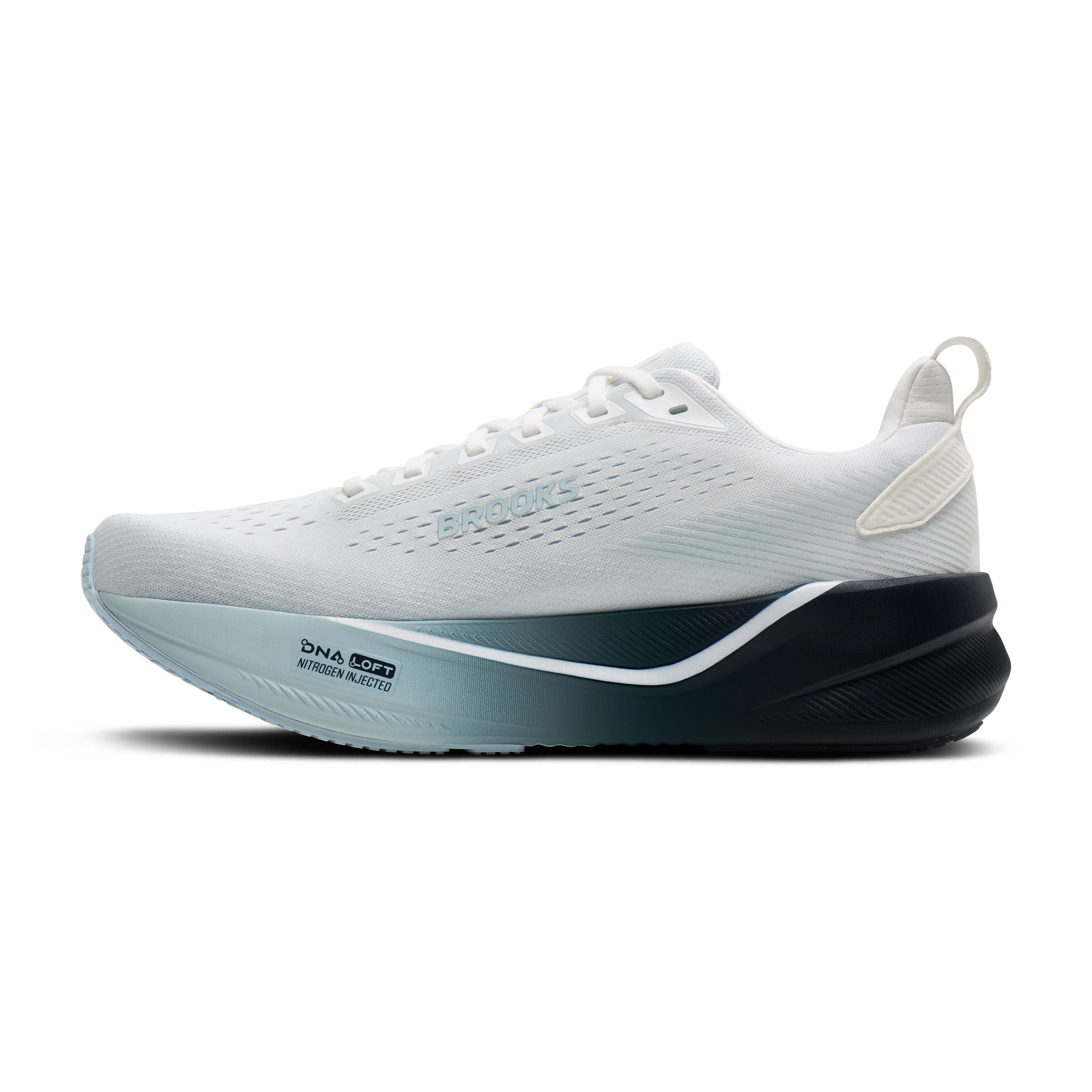 A white and navy running shoe with a light blue gradient midsole, shown from the side on a white background.