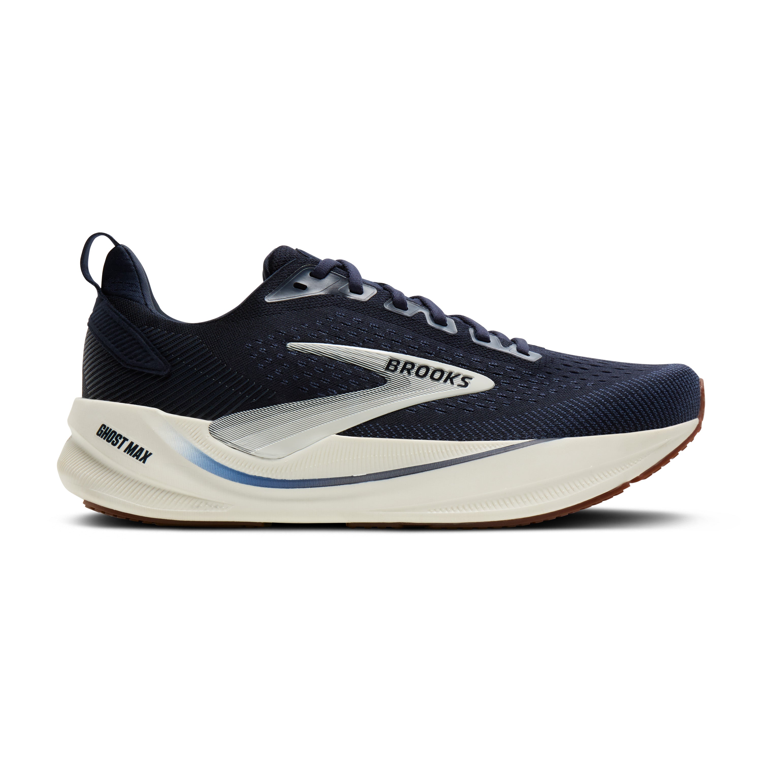Navy running shoe with white sole on a white background