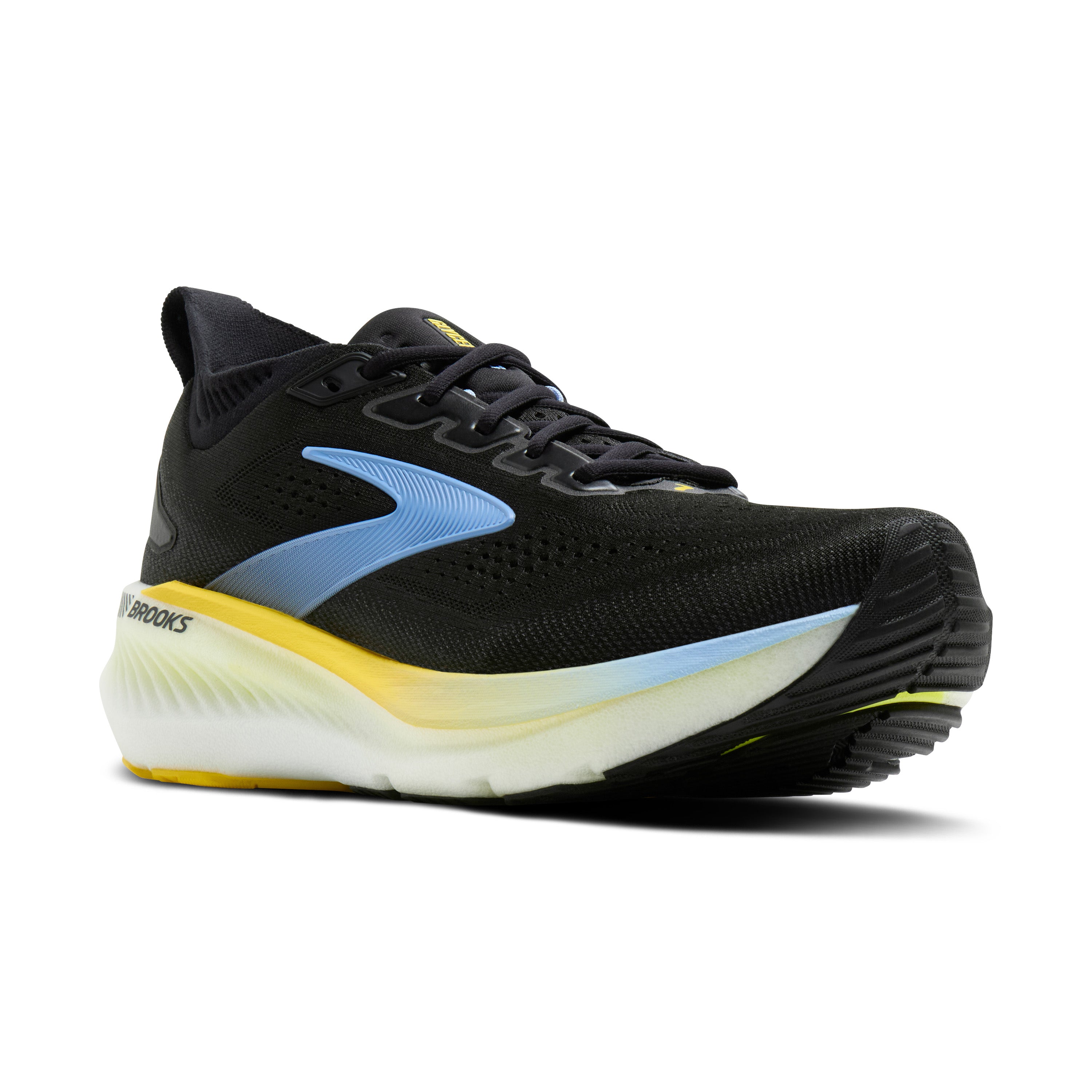 Black running shoe with blue and yellow accents on a white background