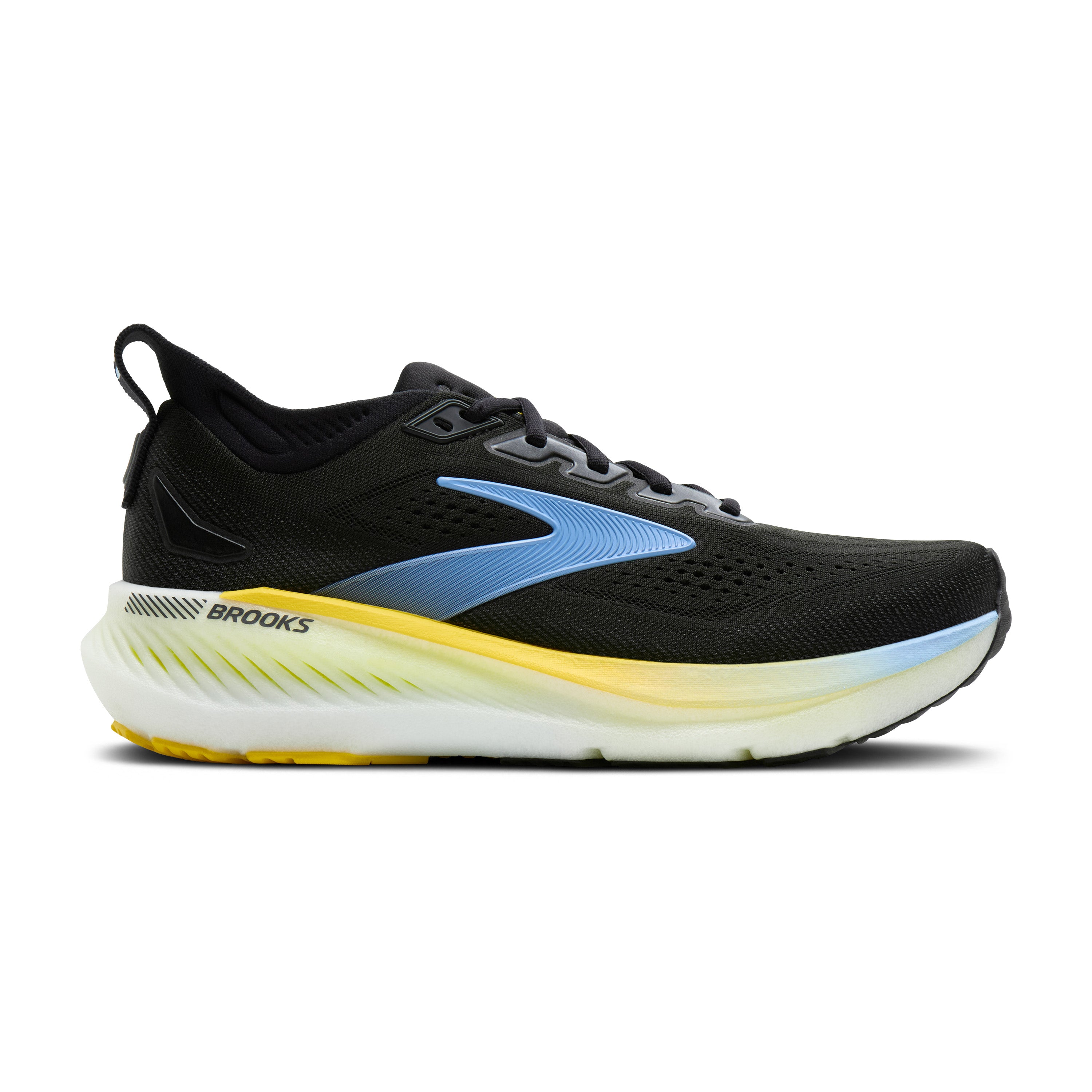 Black running shoe with blue accents on a white background