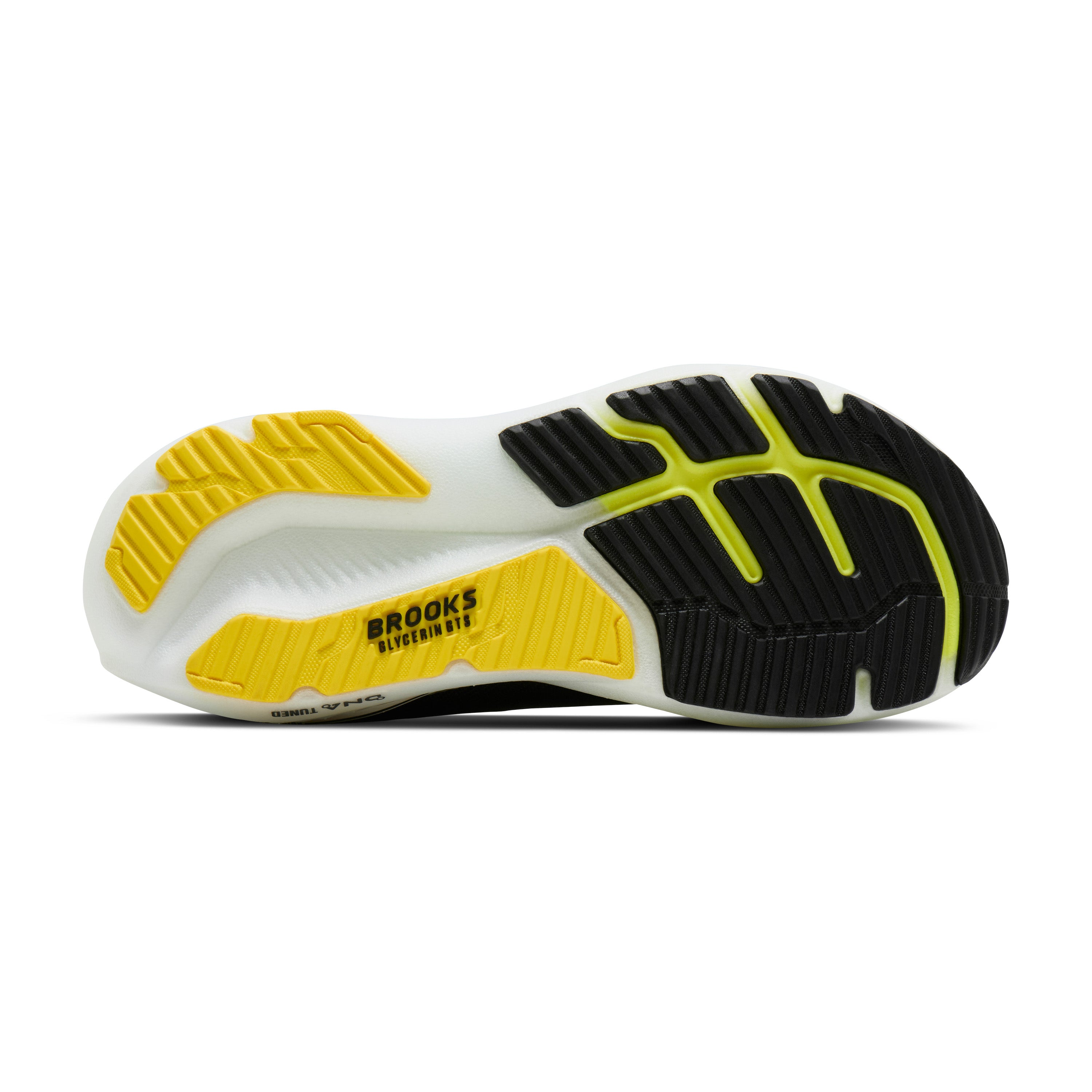 Close-up of a running shoe sole with yellow and black tread pattern on a white background