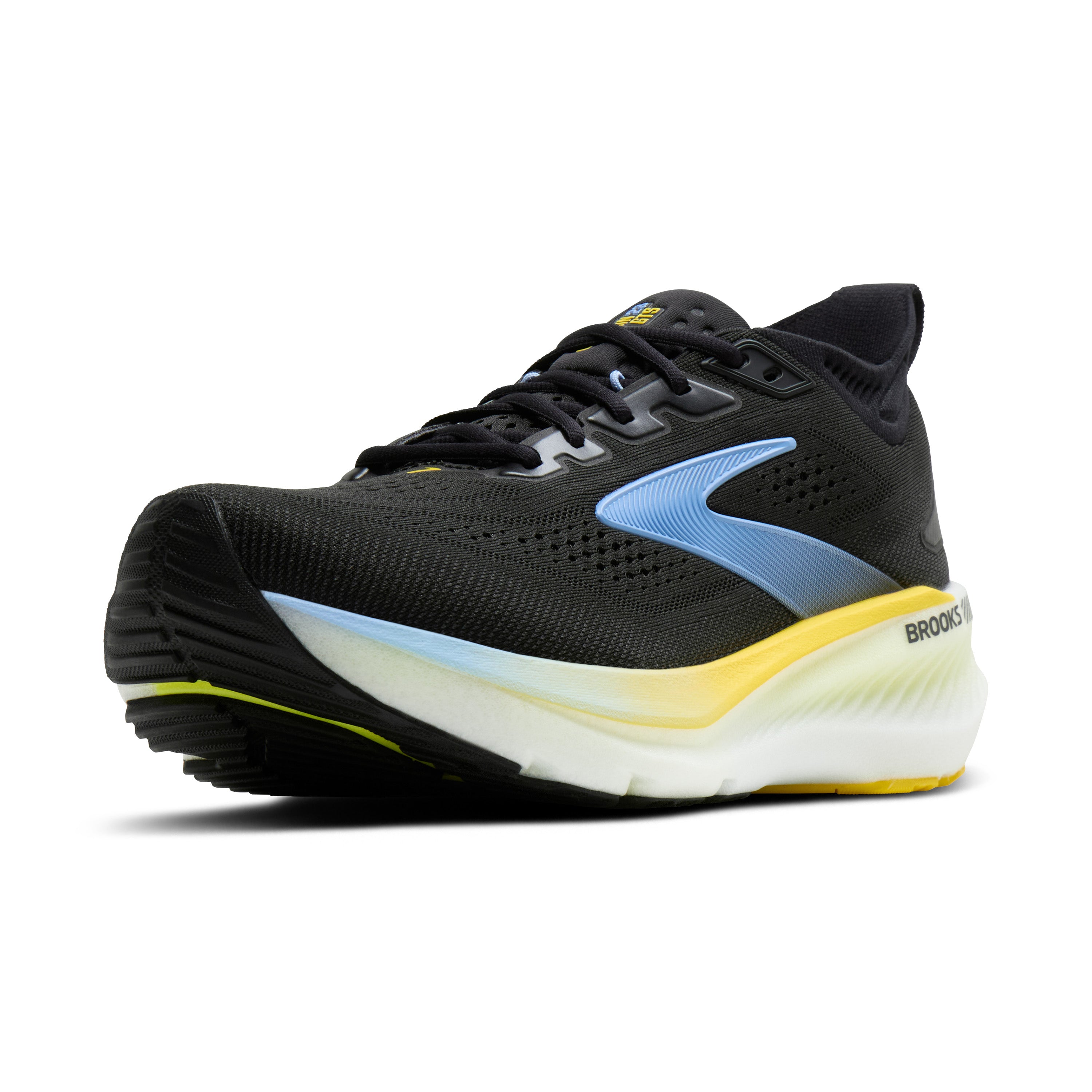 Black running shoe with blue and yellow accents on a white background