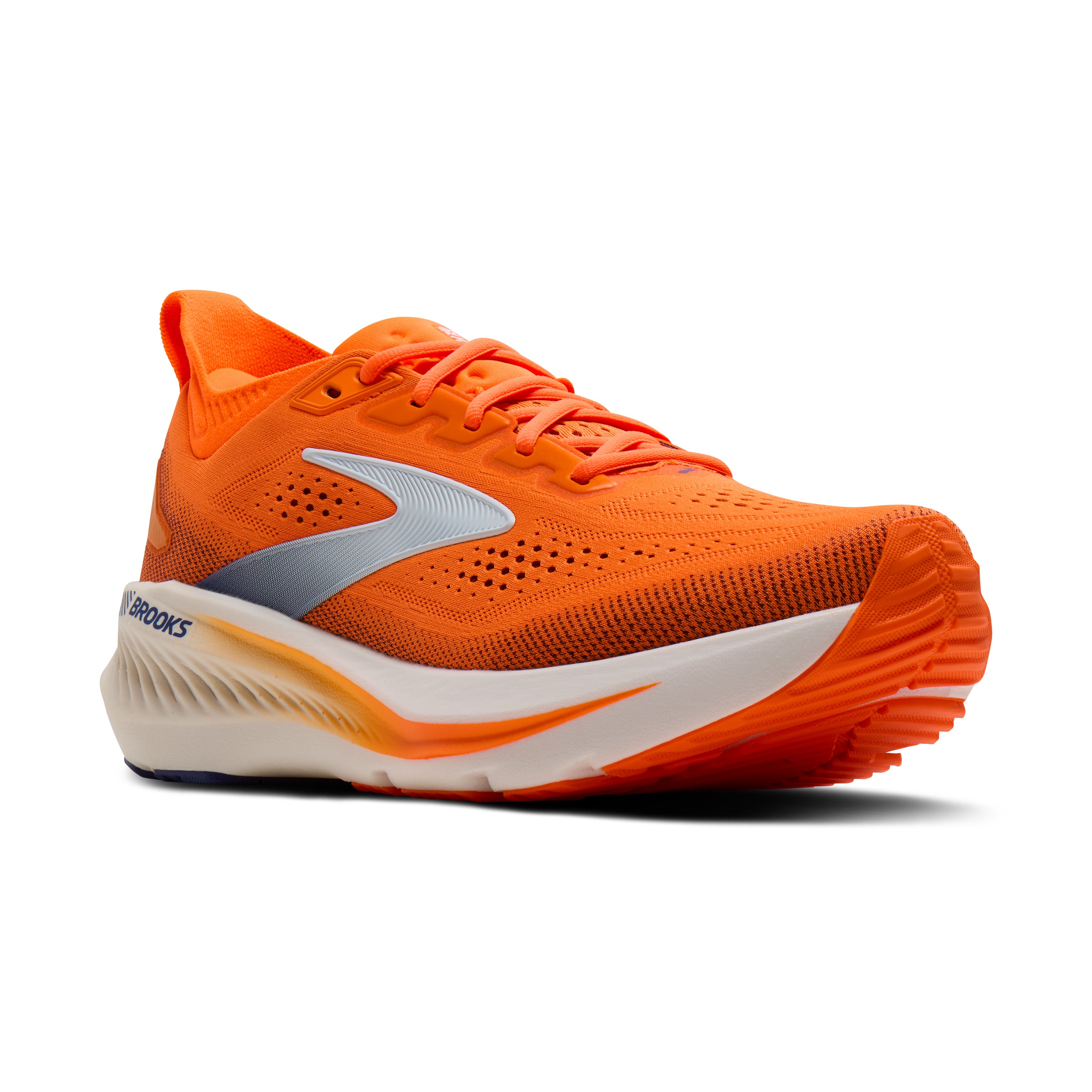 Orange running shoe with white sole on a white background