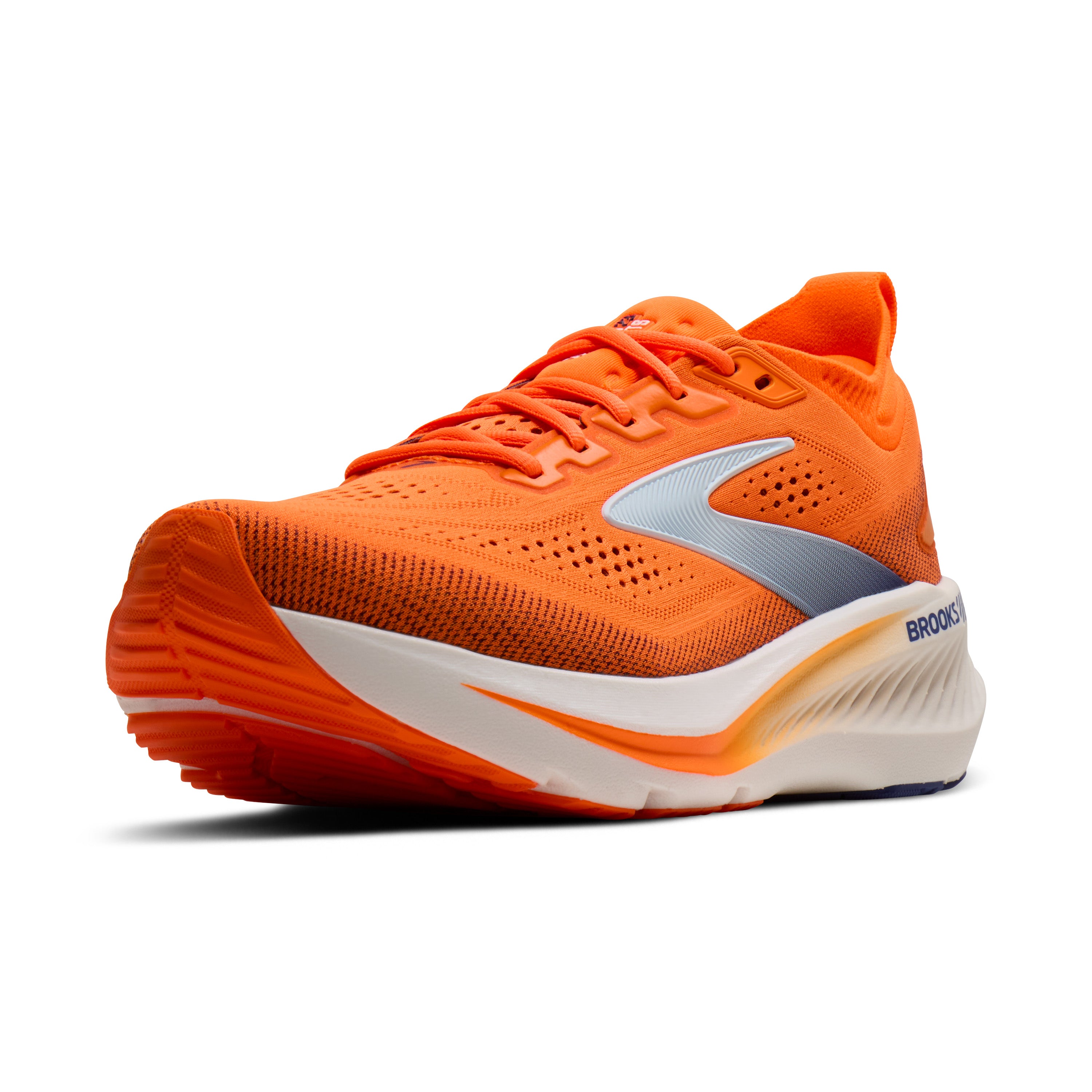 Orange running shoe with white sole on a white background