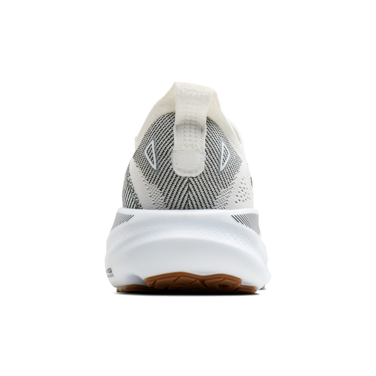 A rear view of a white and gray knit athletic shoe with a thick white midsole and a brown outsole, shown on a plain white background.