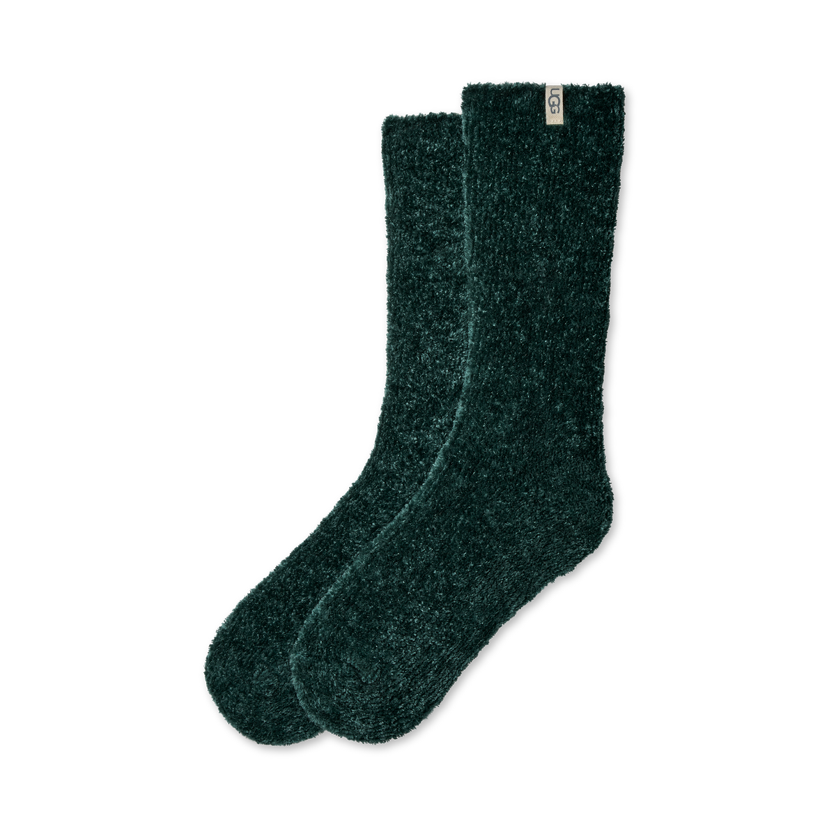 A pair of dark forest green fuzzy socks with a small white brand tag on the cuff, displayed against a solid white background.