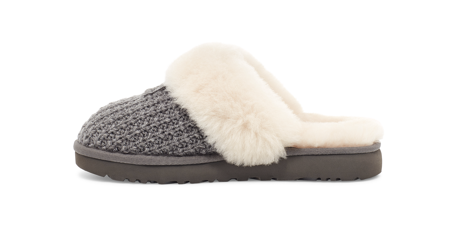 A single knit slip-on mule slipper in heather gray with a thick cream faux-fur collar and a dark brown sole, shown from the side on a white background.