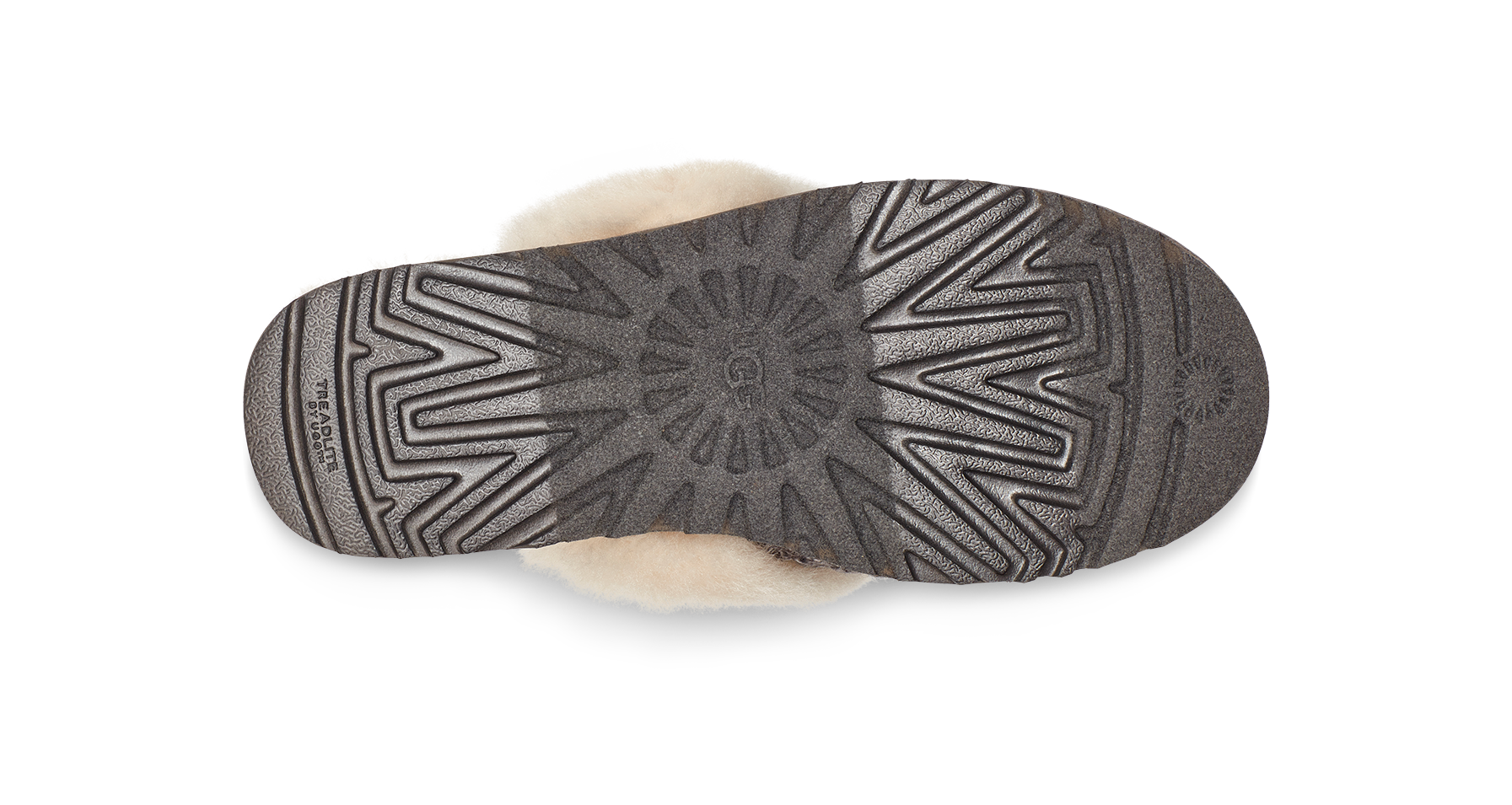 The bottom sole of a slip-on shoe or boot, featuring a textured dark gray tread pattern with a circular sunburst design and a light beige shearling or faux-fur lining visible at the top and bottom edges, shown on a plain white background.